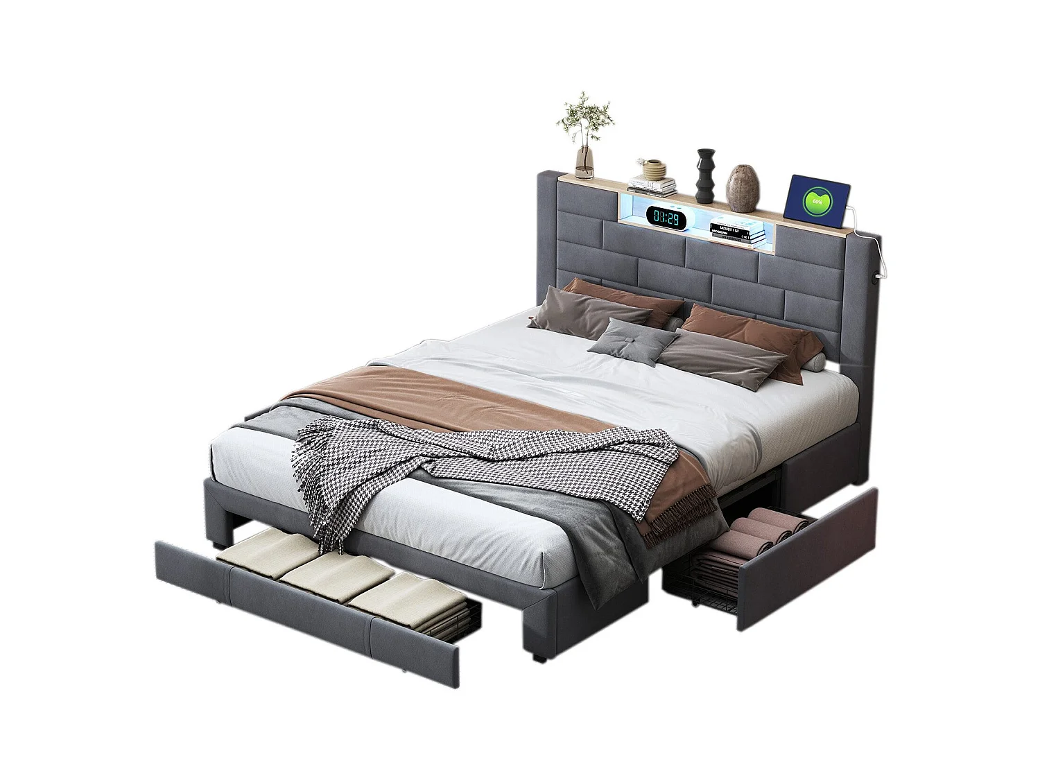 Letto matrimoniale 140x200 cm, velluto grigio, testiera LED, 3 cassetti, USB, base in legno, funzionale