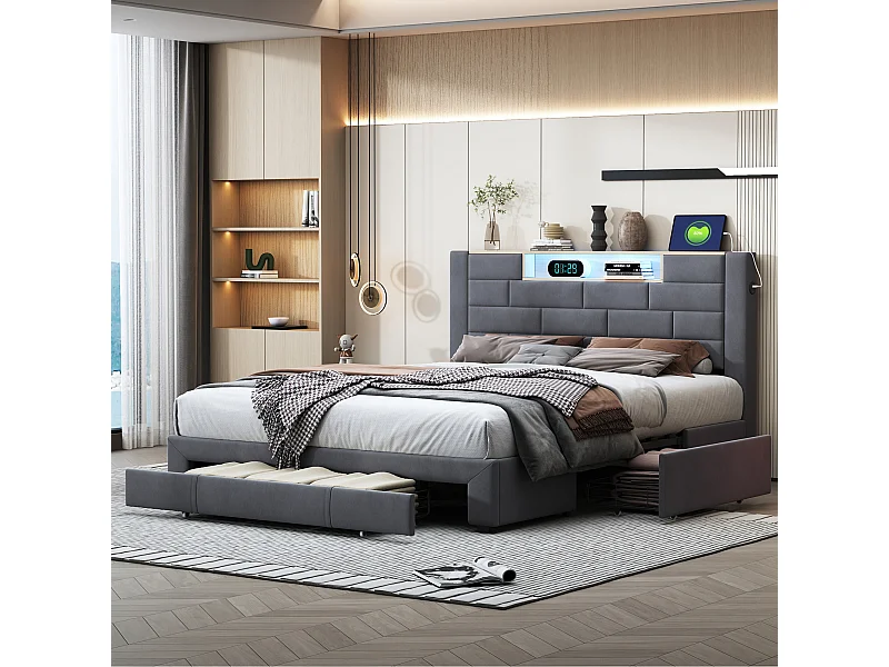 Lit Double 140x200 Cm, Velours Gris, LED Tête De Lit, 3 Tiroirs, USB, Sommier Bois, Fonctionnel