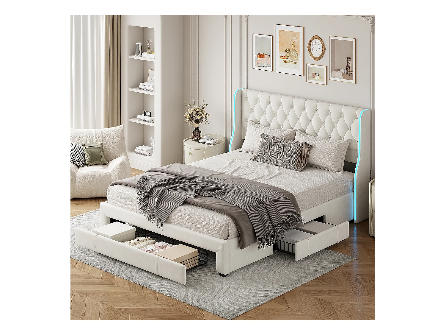 Lit Rembourré 140x200cm, Lit Double Avec 3 Tiroirs, LED, Cadre De Lit, Velours, Beige