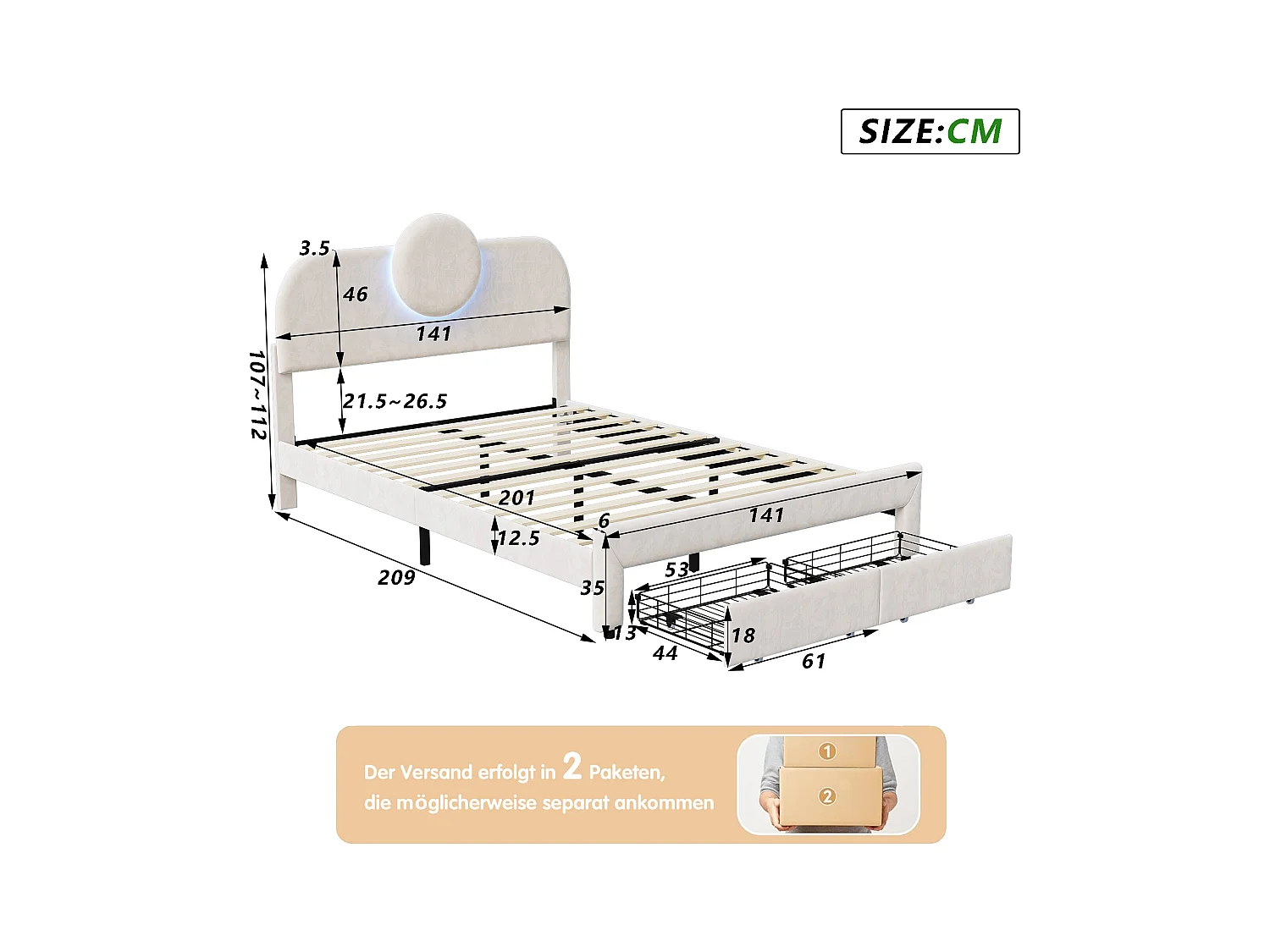 Lit Rembourré 140x200 Cm, Lit Double Avec Éclairage LED Et 2 Tiroirs, Pour Adultes Et Adolescents