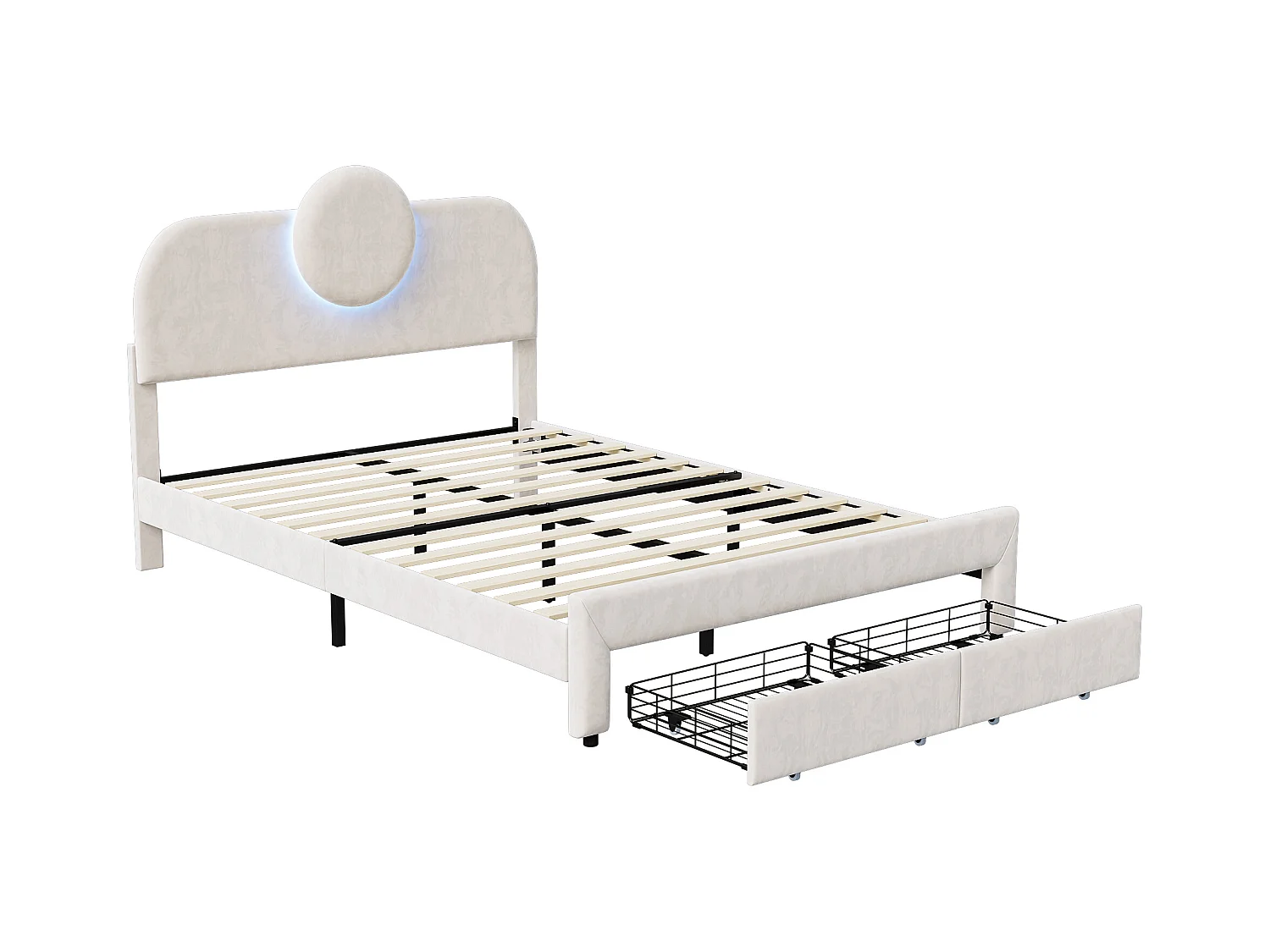 Lit Rembourré 140x200 Cm, Lit Double Avec Éclairage LED Et 2 Tiroirs, Pour Adultes Et Adolescents