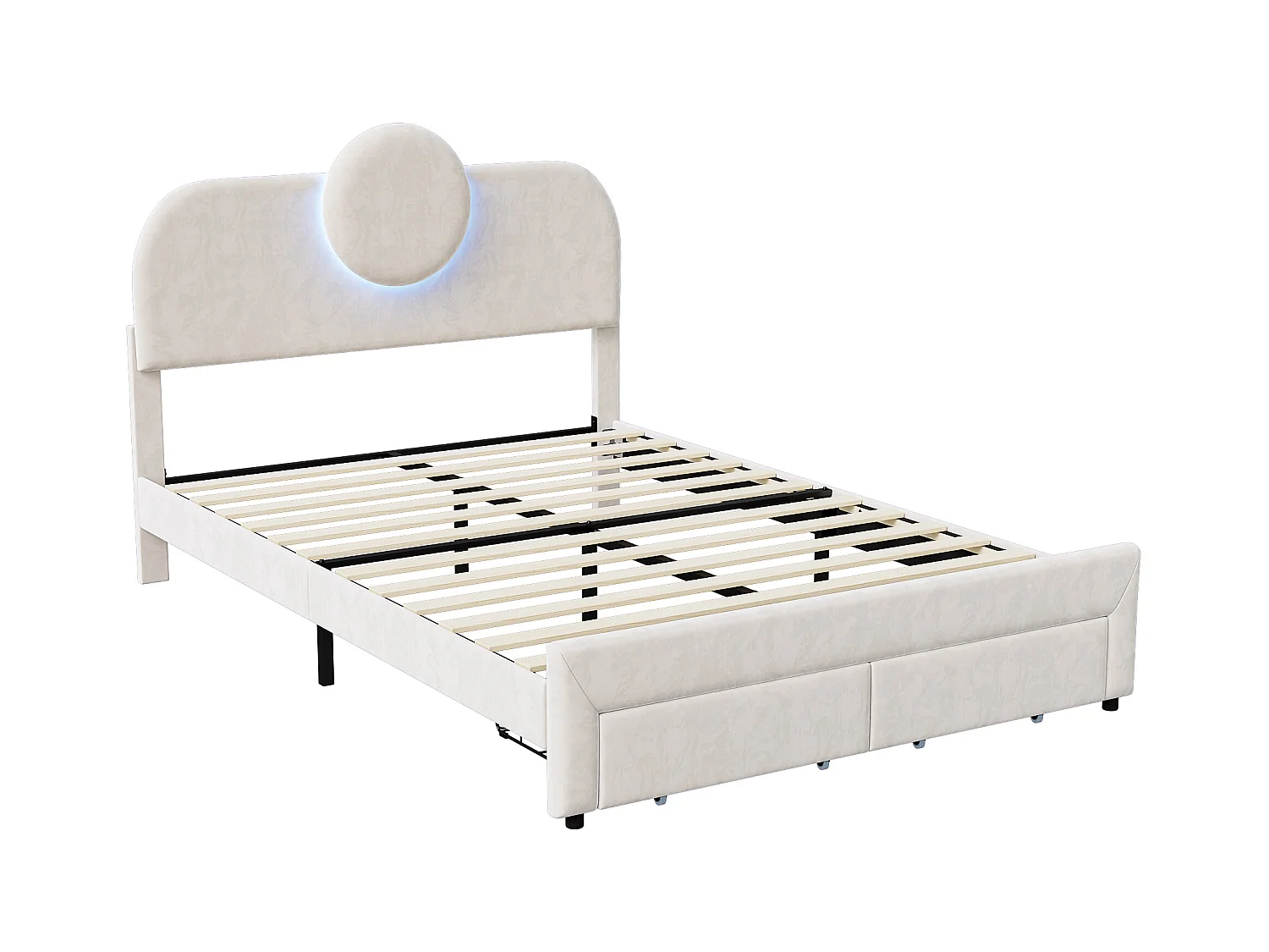 Lit Rembourré 140x200 Cm, Lit Double Avec Éclairage LED Et 2 Tiroirs, Pour Adultes Et Adolescents