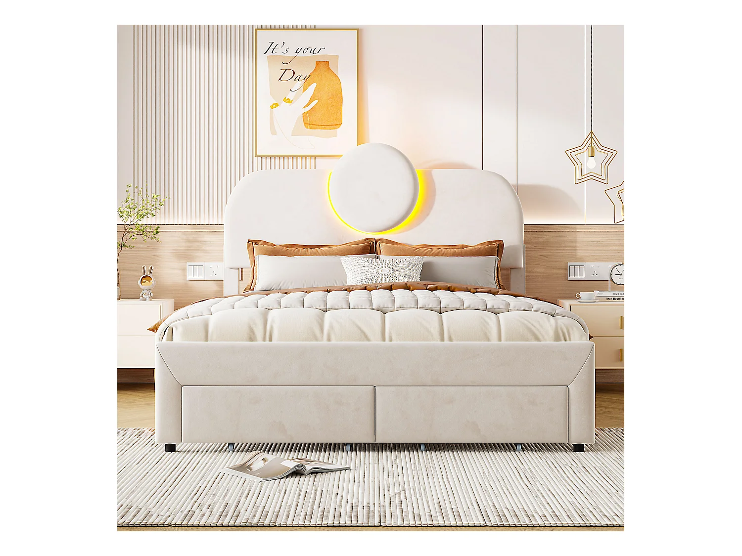 Lit Rembourré 140x200 Cm, Lit Double Avec Éclairage LED Et 2 Tiroirs, Pour Adultes Et Adolescents