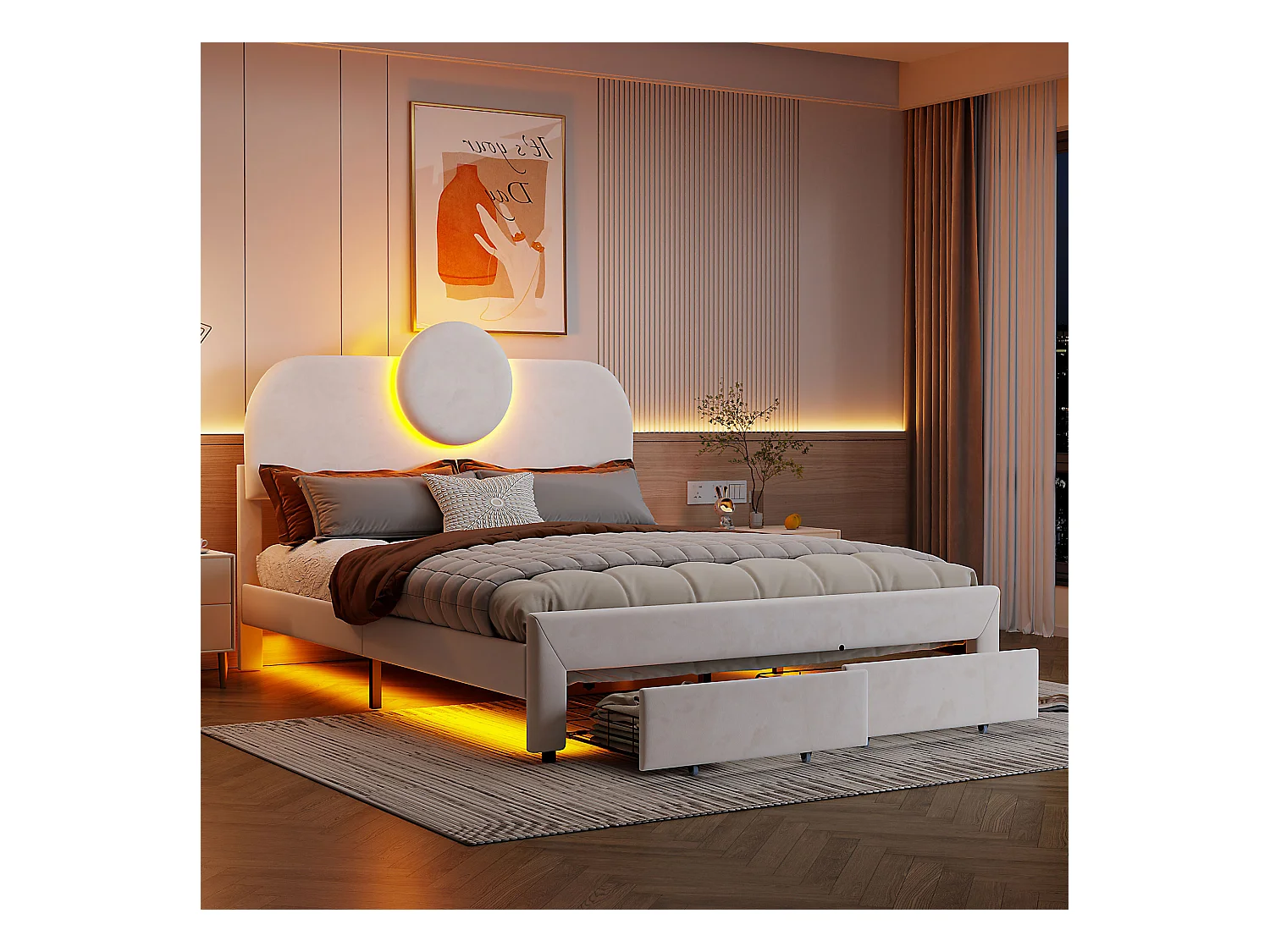 Lit Rembourré 140x200 Cm, Lit Double Avec Éclairage LED Et 2 Tiroirs, Pour Adultes Et Adolescents