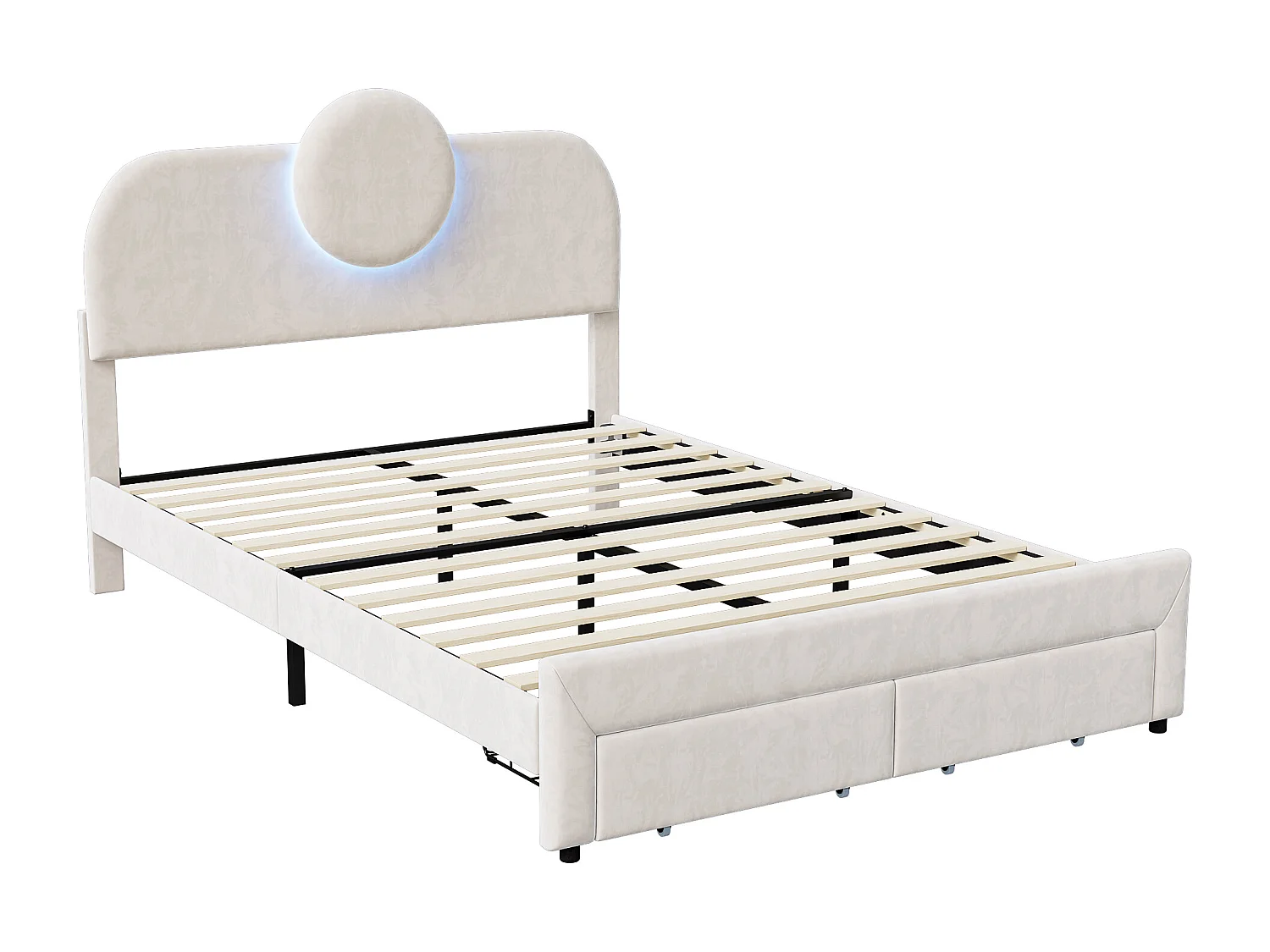 Cama Estofada 140x200 Cm, Cama de Casal com Iluminação LED e 2 Gavetas, para Adultos e Adolescentes