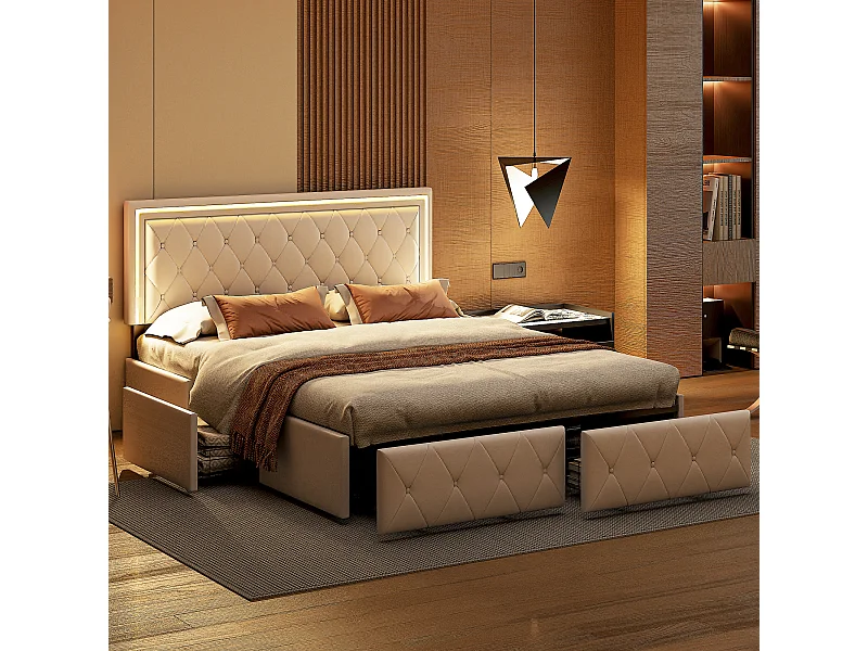 Letto matrimoniale per adulti 140x200 cm, 4 cassetti, imbottito con luce LED, rete a doghe, pu bianco.