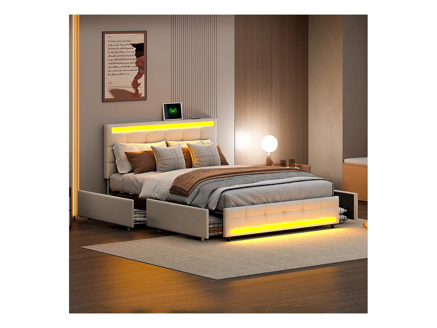 Lit Double 140x200 Cm Avec LED, 4 Tiroirs, Port USB, Tissu Beige, Sommier à Lattes, Style Moderne.