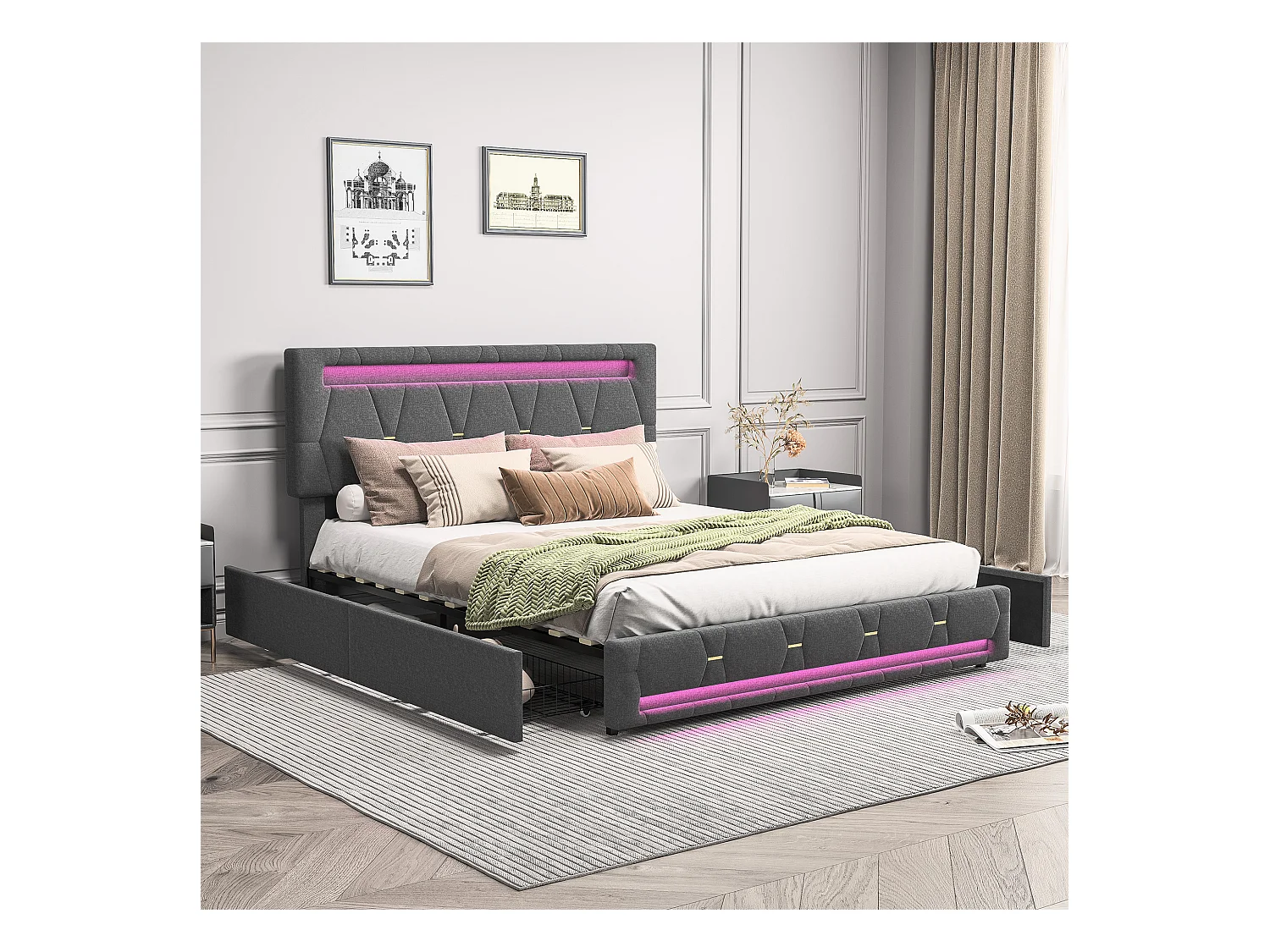 Lit Coffre 140x200 Avec USB Et 4 Tiroirs, Lit Capitonné Avec Sommier à Lattes, Lit Double, Gris