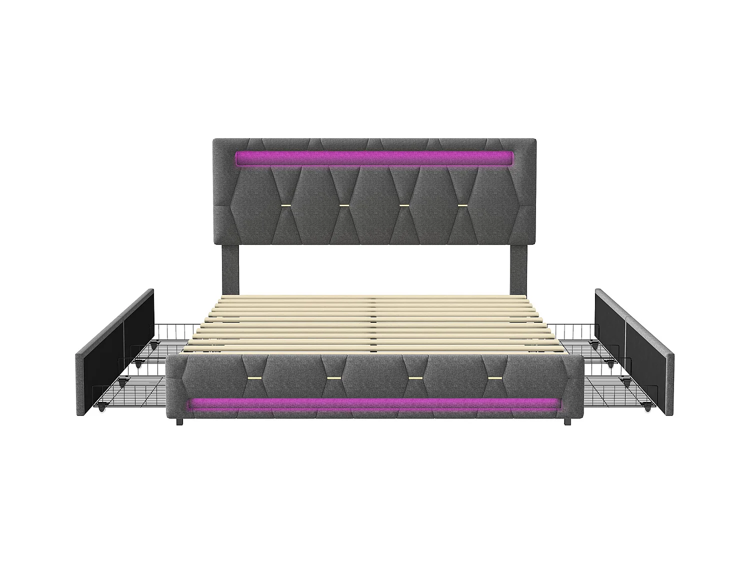 Lit Coffre 140x200 Avec USB Et 4 Tiroirs, Lit Capitonné Avec Sommier à Lattes, Lit Double, Gris