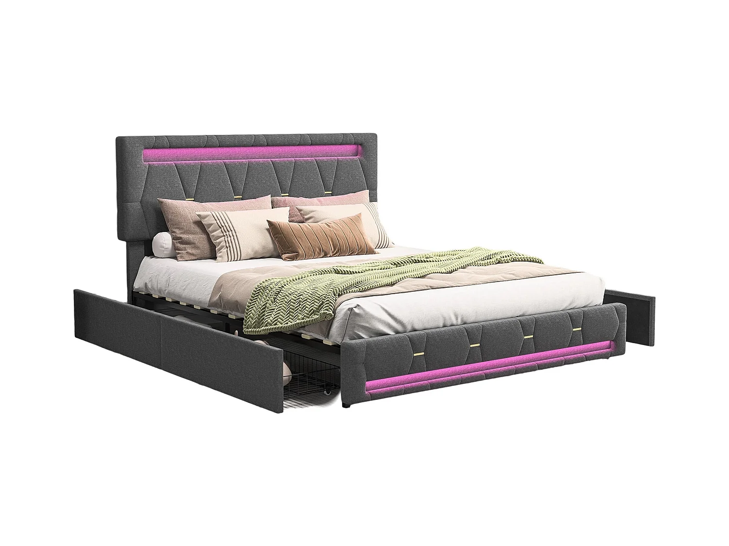 Letto contenitore 140x200 con USB e 4 cassetti, letto imbottito con rete a doghe, letto matrimoniale, grigio