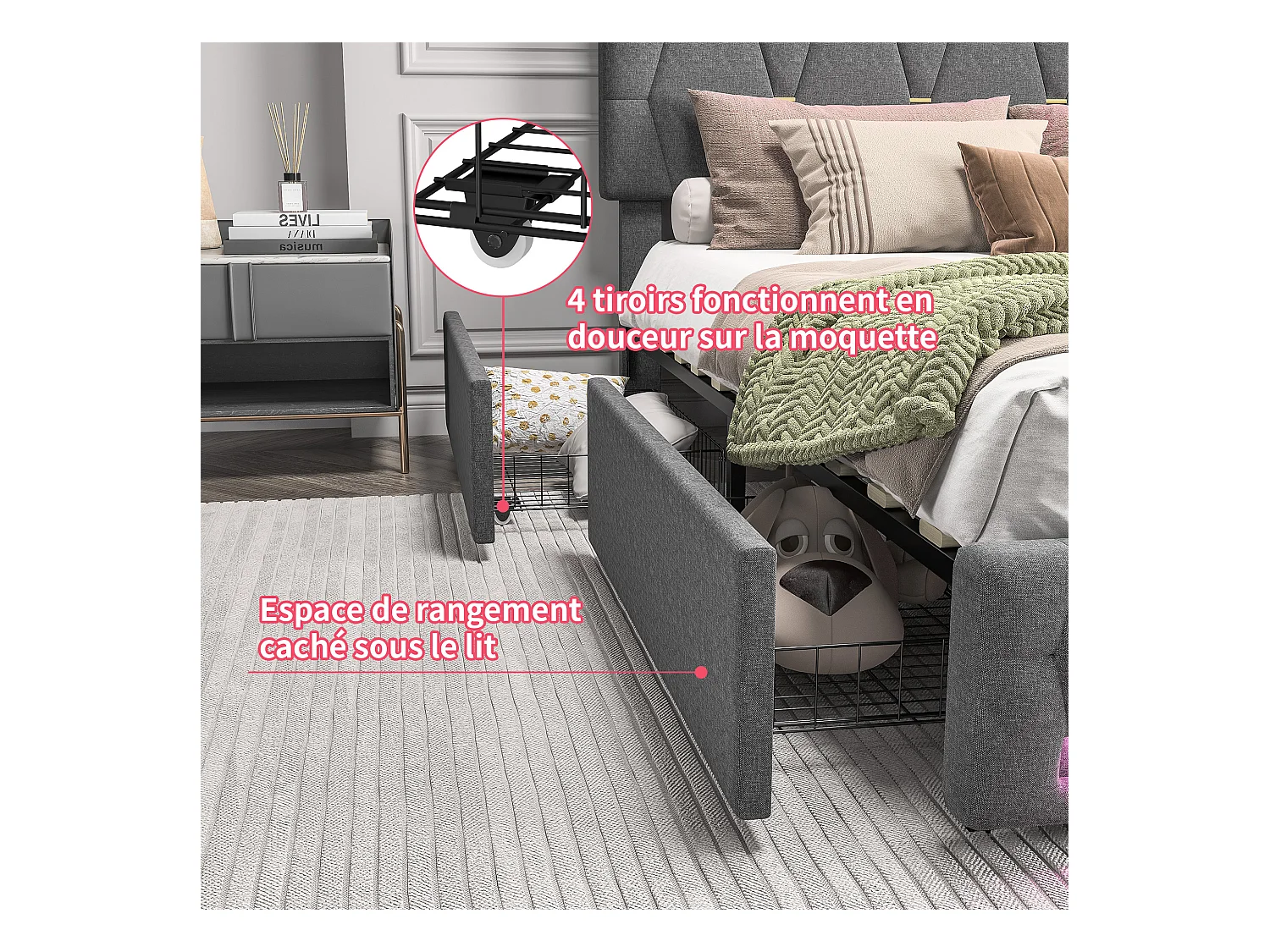 Letto contenitore 140x200 con USB e 4 cassetti, letto imbottito con rete a doghe, letto matrimoniale, grigio