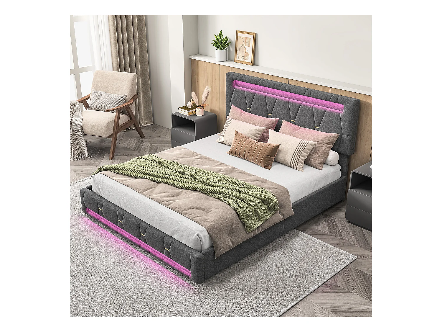 Letto contenitore 140x200 con USB e 4 cassetti, letto imbottito con rete a doghe, letto matrimoniale, grigio