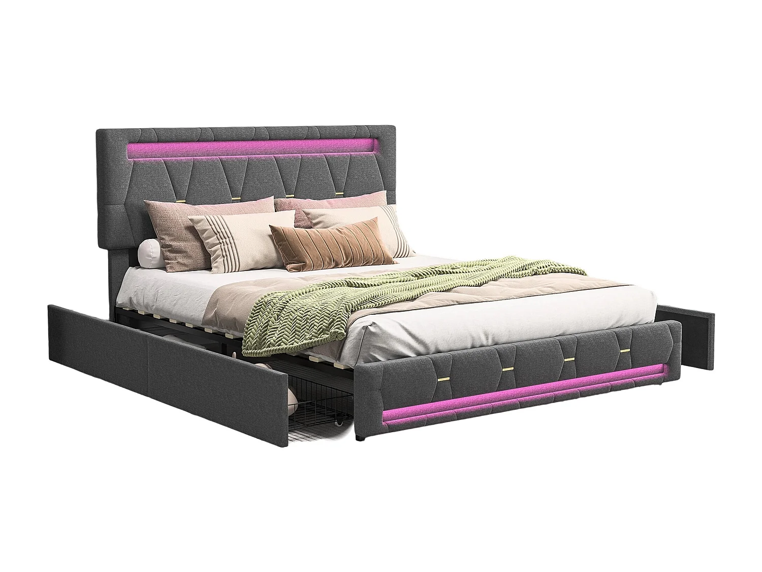 Cama de armazenamento 140x200 com USB e 4 gavetas, cama estofada com base de ripas, cama de casal, cinza