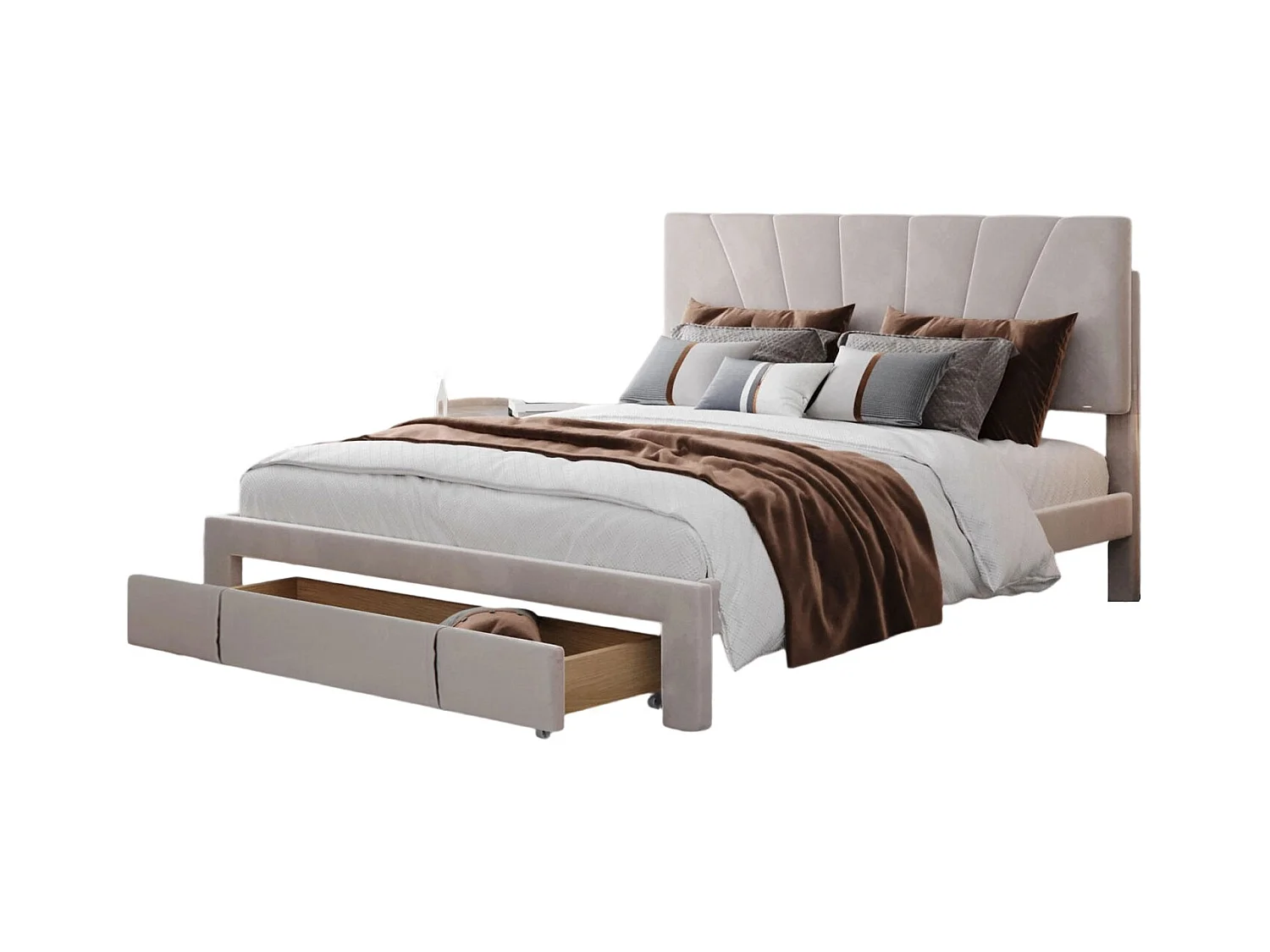 Tweepersoonsbed 140x200 cm, gestoffeerd met opberglade, houten lattenbodem, beige