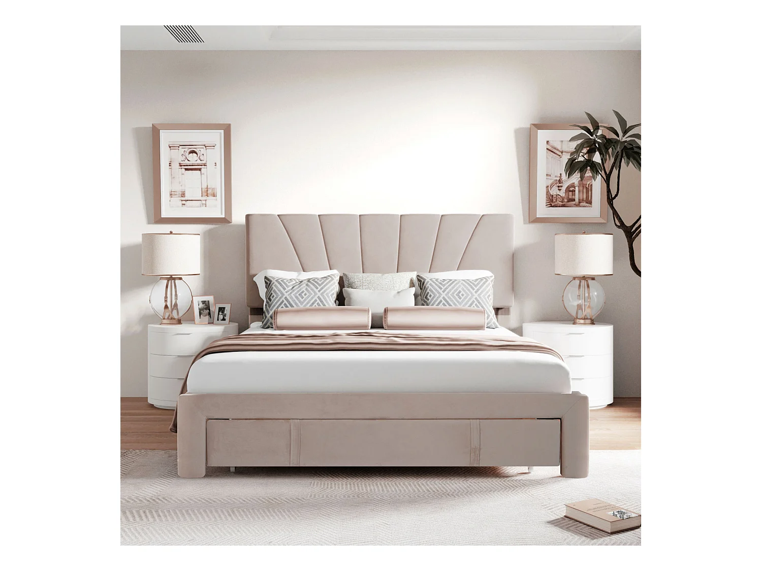 Tweepersoonsbed 140x200 cm, gestoffeerd met opberglade, houten lattenbodem, beige