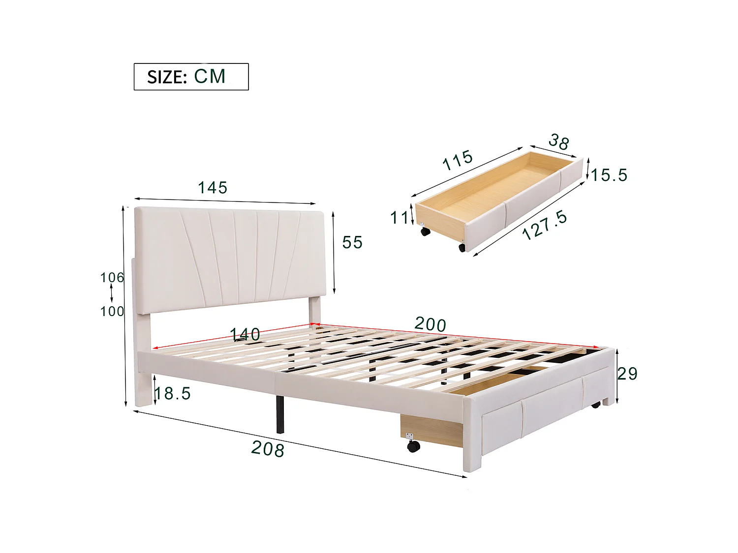 Tweepersoonsbed 140x200 cm, gestoffeerd met opberglade, houten lattenbodem, beige
