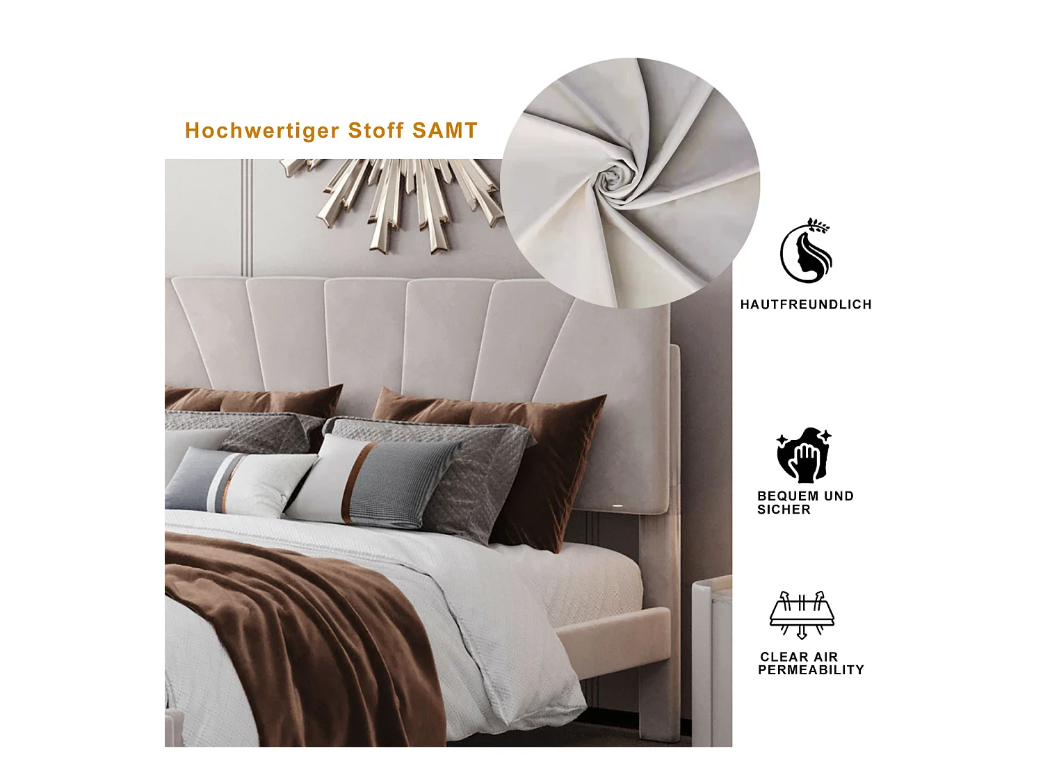 Tweepersoonsbed 140x200 cm, gestoffeerd met opberglade, houten lattenbodem, beige