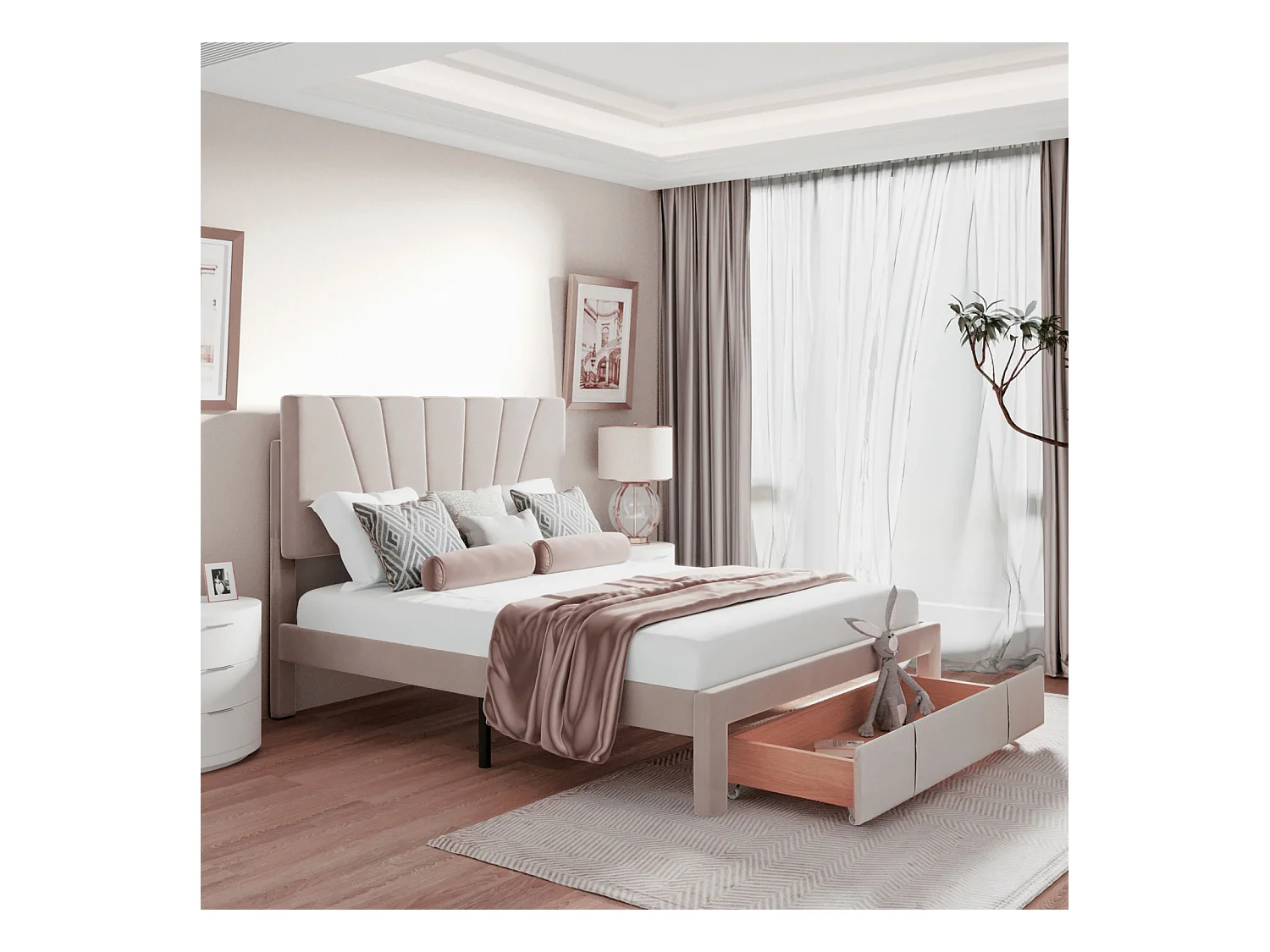 Tweepersoonsbed 140x200 cm, gestoffeerd met opberglade, houten lattenbodem, beige
