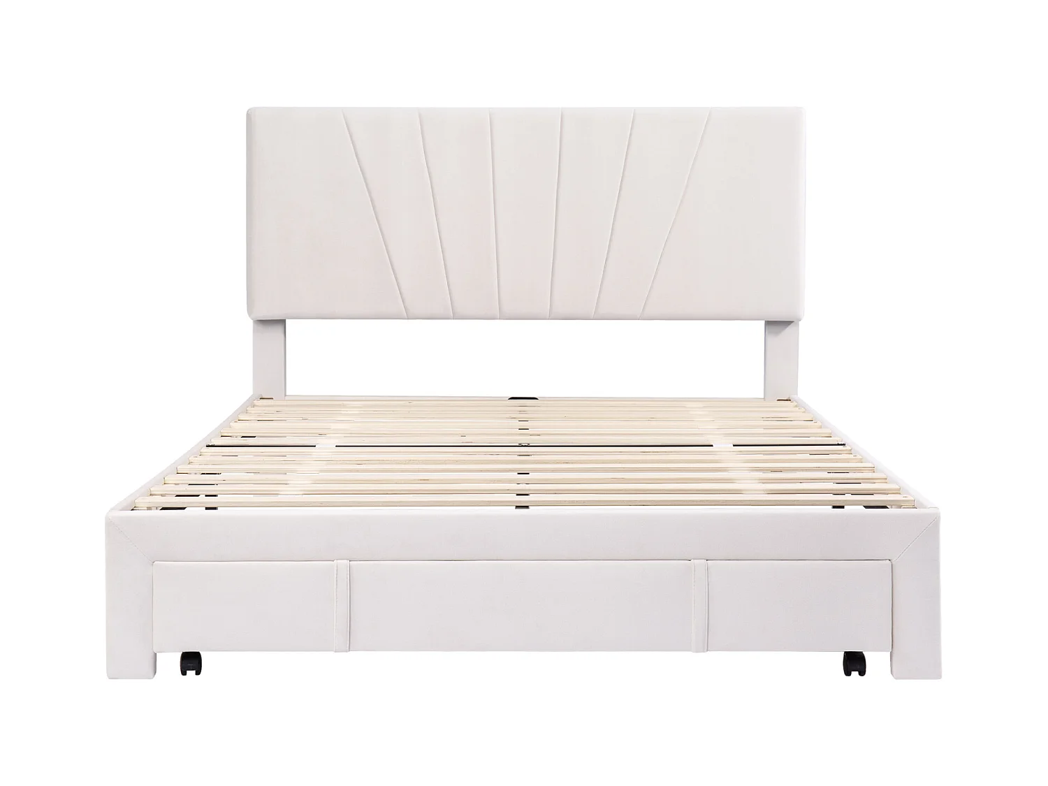 Tweepersoonsbed 140x200 cm, gestoffeerd met opberglade, houten lattenbodem, beige