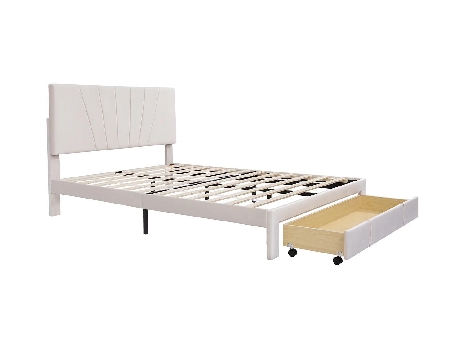 Tweepersoonsbed 140x200 cm, gestoffeerd met opberglade, houten lattenbodem, beige