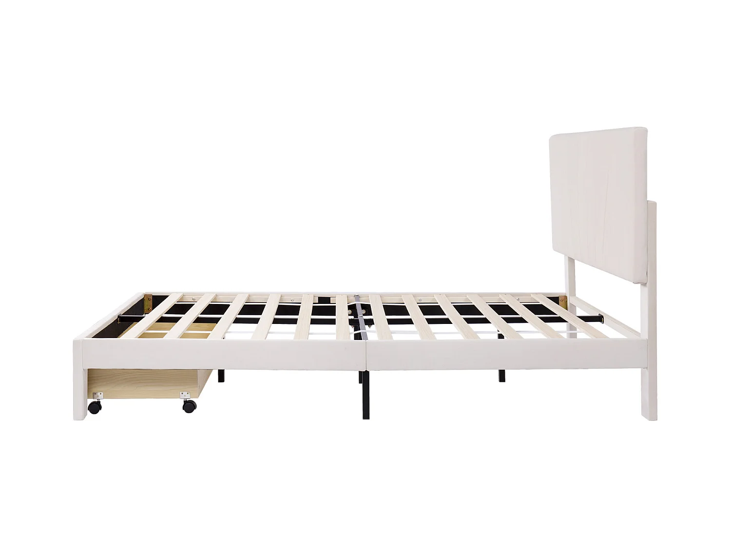 Tweepersoonsbed 140x200 cm, gestoffeerd met opberglade, houten lattenbodem, beige