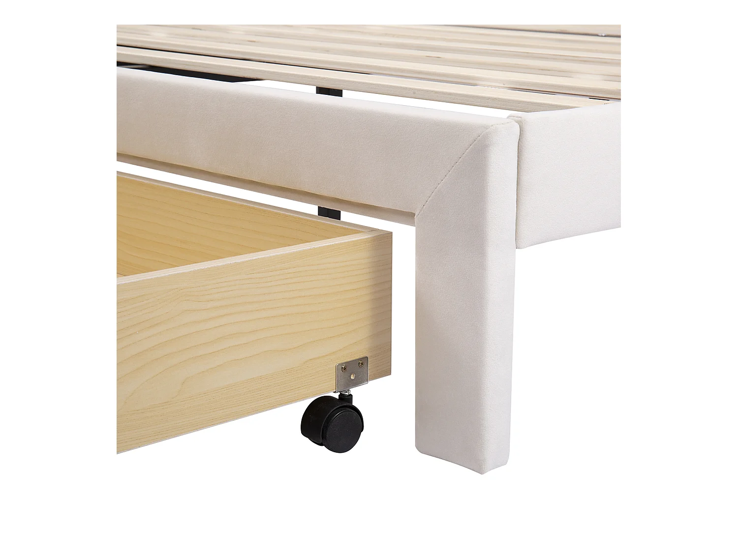 Tweepersoonsbed 140x200 cm, gestoffeerd met opberglade, houten lattenbodem, beige