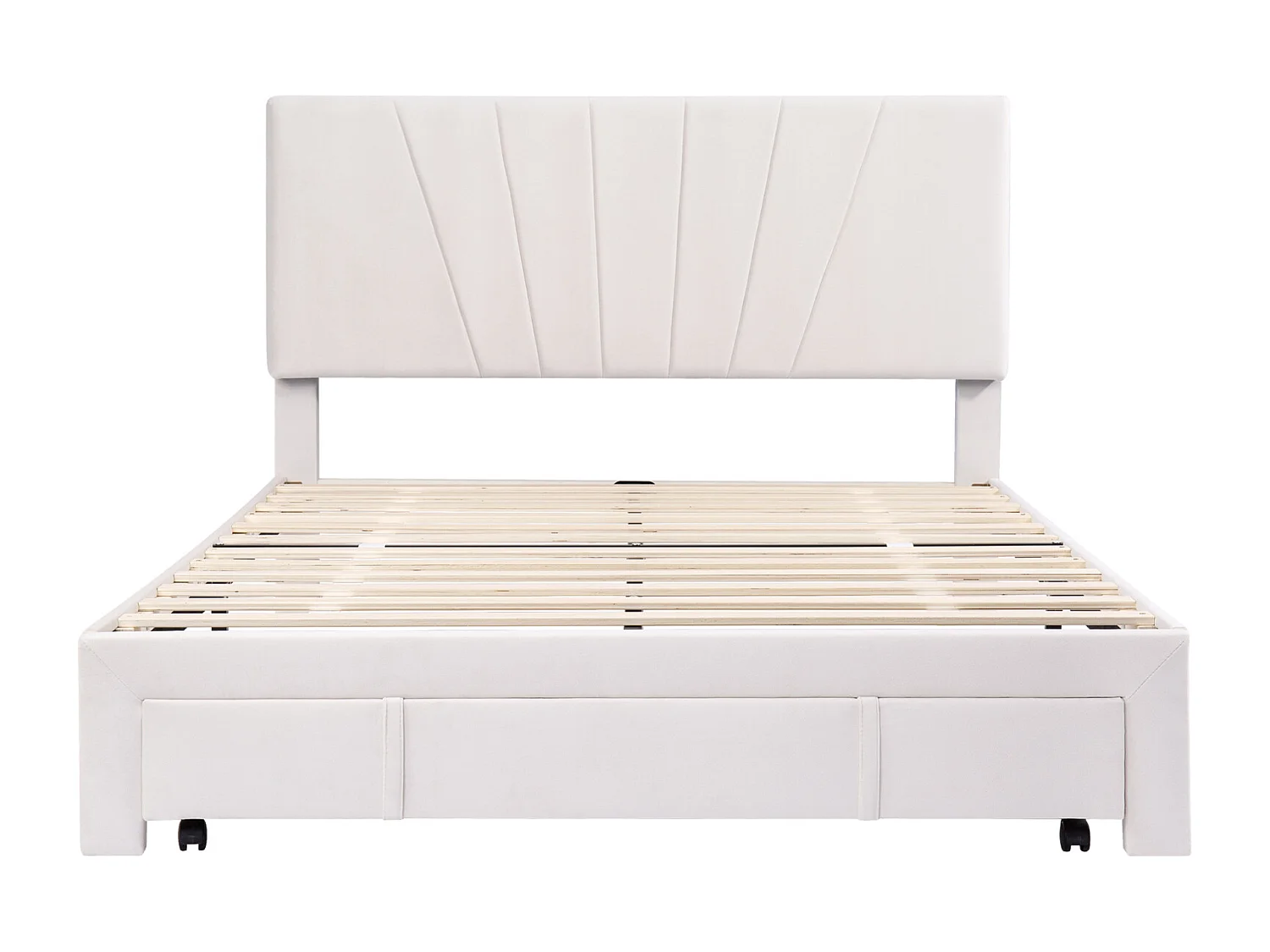 Lit Double 140x200 Cm, Rembourré Avec Tiroir De Rangement, Sommier à Lattes En Bois, Beige