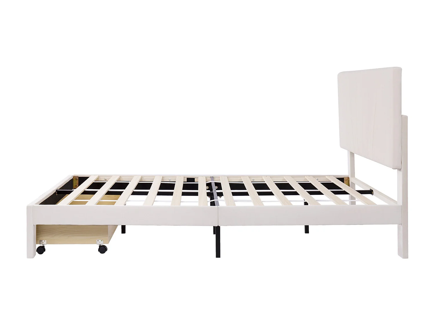 Lit Double 140x200 Cm, Rembourré Avec Tiroir De Rangement, Sommier à Lattes En Bois, Beige