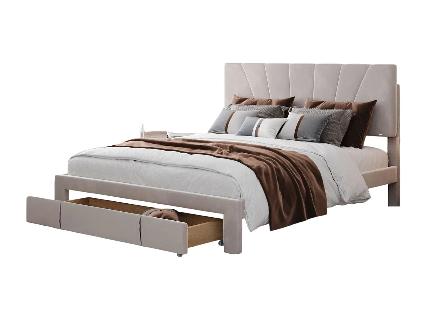 Lit Double 140x200 Cm, Rembourré Avec Tiroir De Rangement, Sommier à Lattes En Bois, Beige