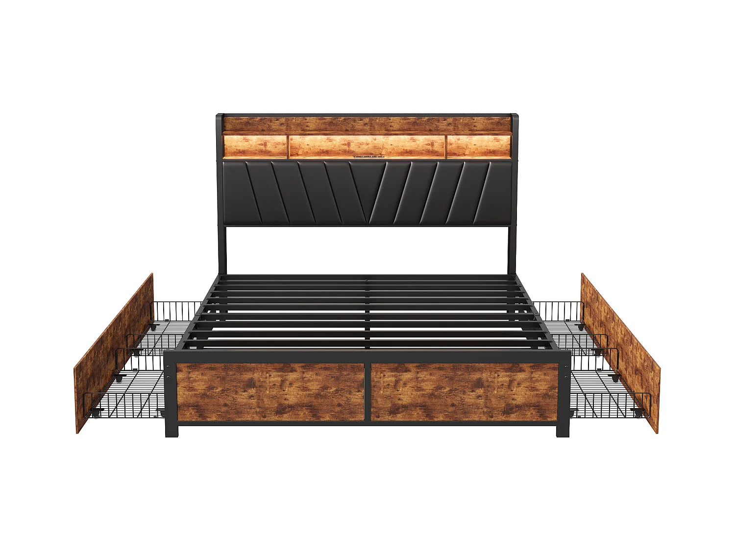 Gepolstertes Metallbett 160 x 200 cm mit Kopfteil, 4 Schubladen, LED-Leuchten und Ladestation