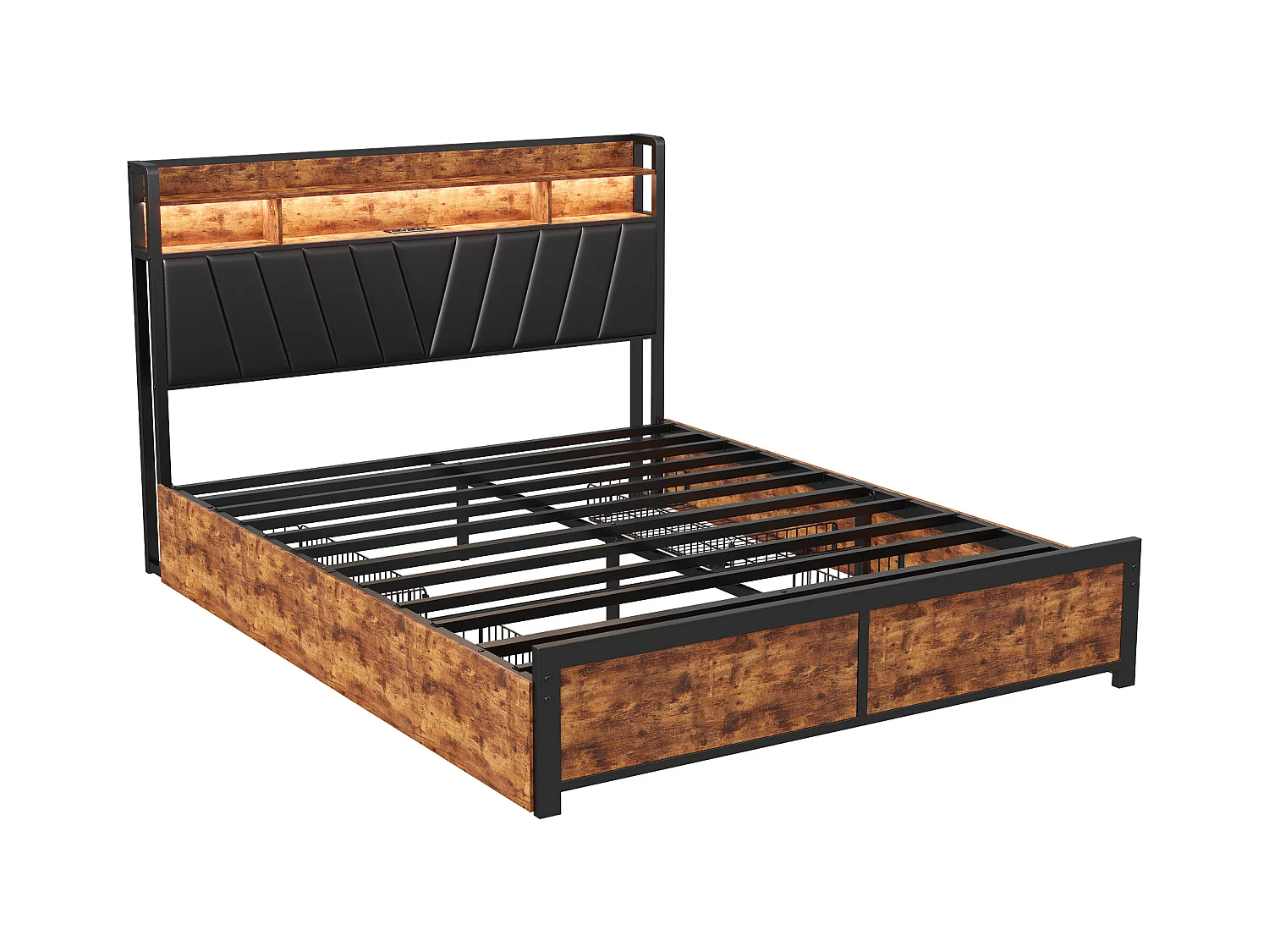 Gepolstertes Metallbett 160 x 200 cm mit Kopfteil, 4 Schubladen, LED-Leuchten und Ladestation