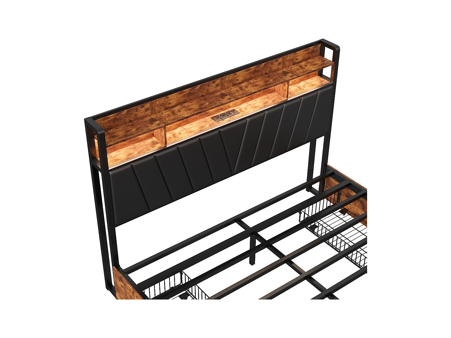 Gepolstertes Metallbett 160 x 200 cm mit Kopfteil, 4 Schubladen, LED-Leuchten und Ladestation