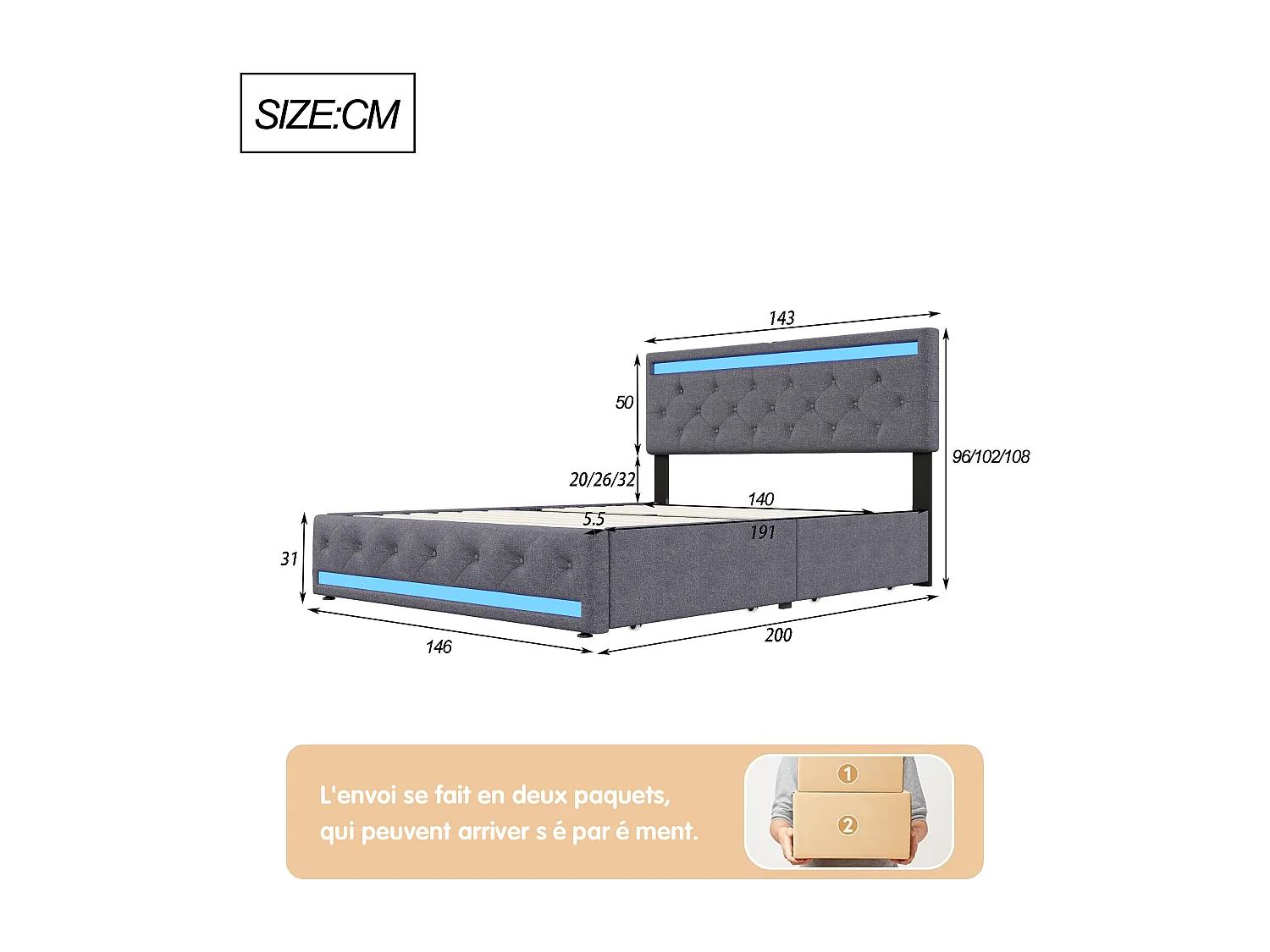 Lit Adulte 140x190 Cm, LED, Ports USB Et Type C, 4 Tiroir, Tissu En Lin, Cadre De Lit, Gris