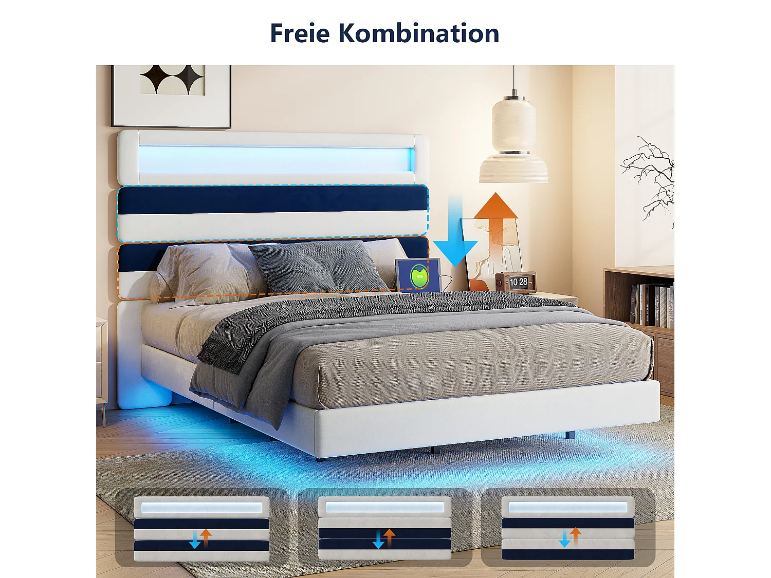 Letto imbottito 140x190cm con USB, letto per ragazzi, letto matrimoniale con LED, velluto, bianco e blu