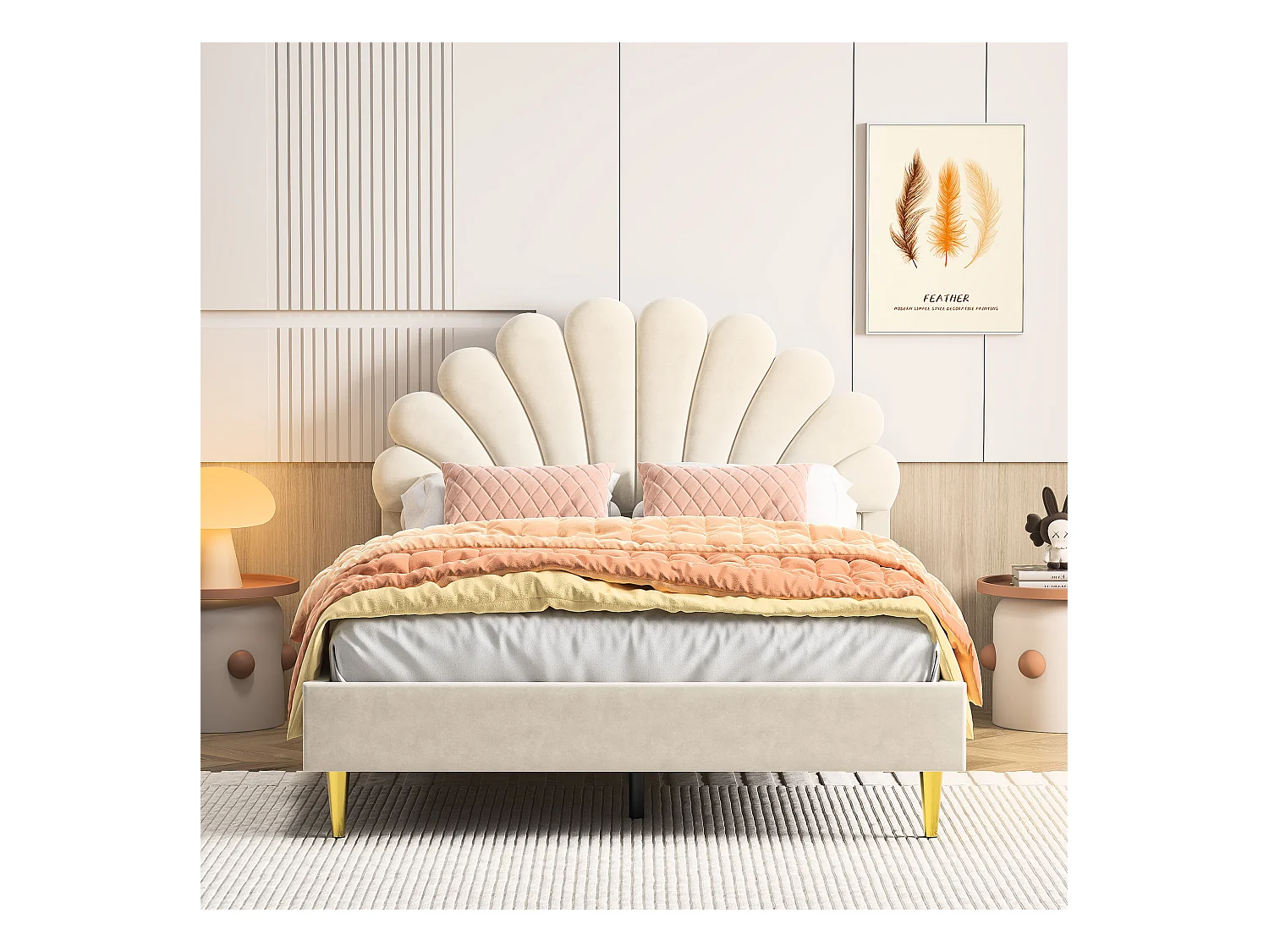 Lit Double 140 X 200 Cm Avec Sommier à Lattes, Velours, Beige