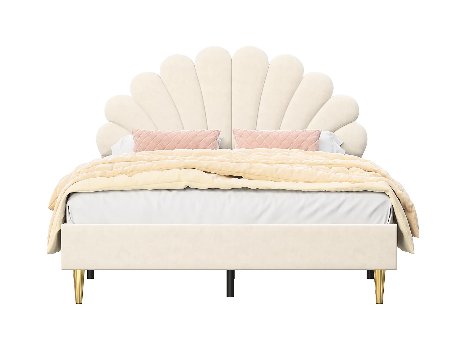 Lit Double 140 X 200 Cm Avec Sommier à Lattes, Velours, Beige