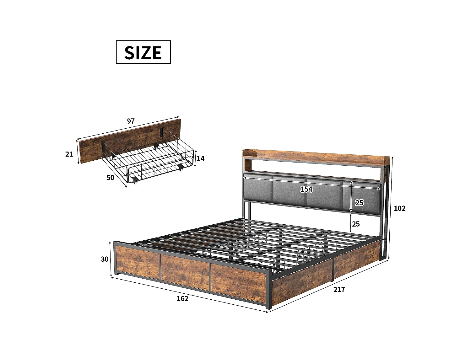 Bed 160x200 cm met lattenbodem, LED, 4 laden, Tieners, Zonder matras