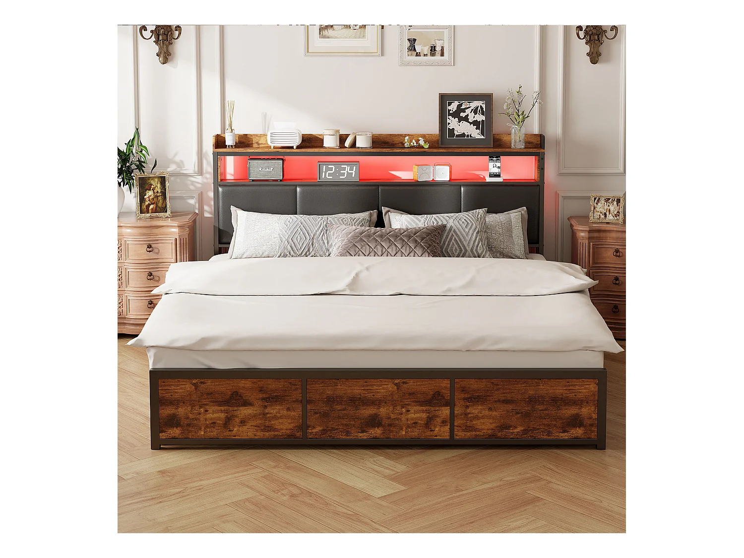 Bed 160x200 cm met lattenbodem, LED, 4 laden, Tieners, Zonder matras