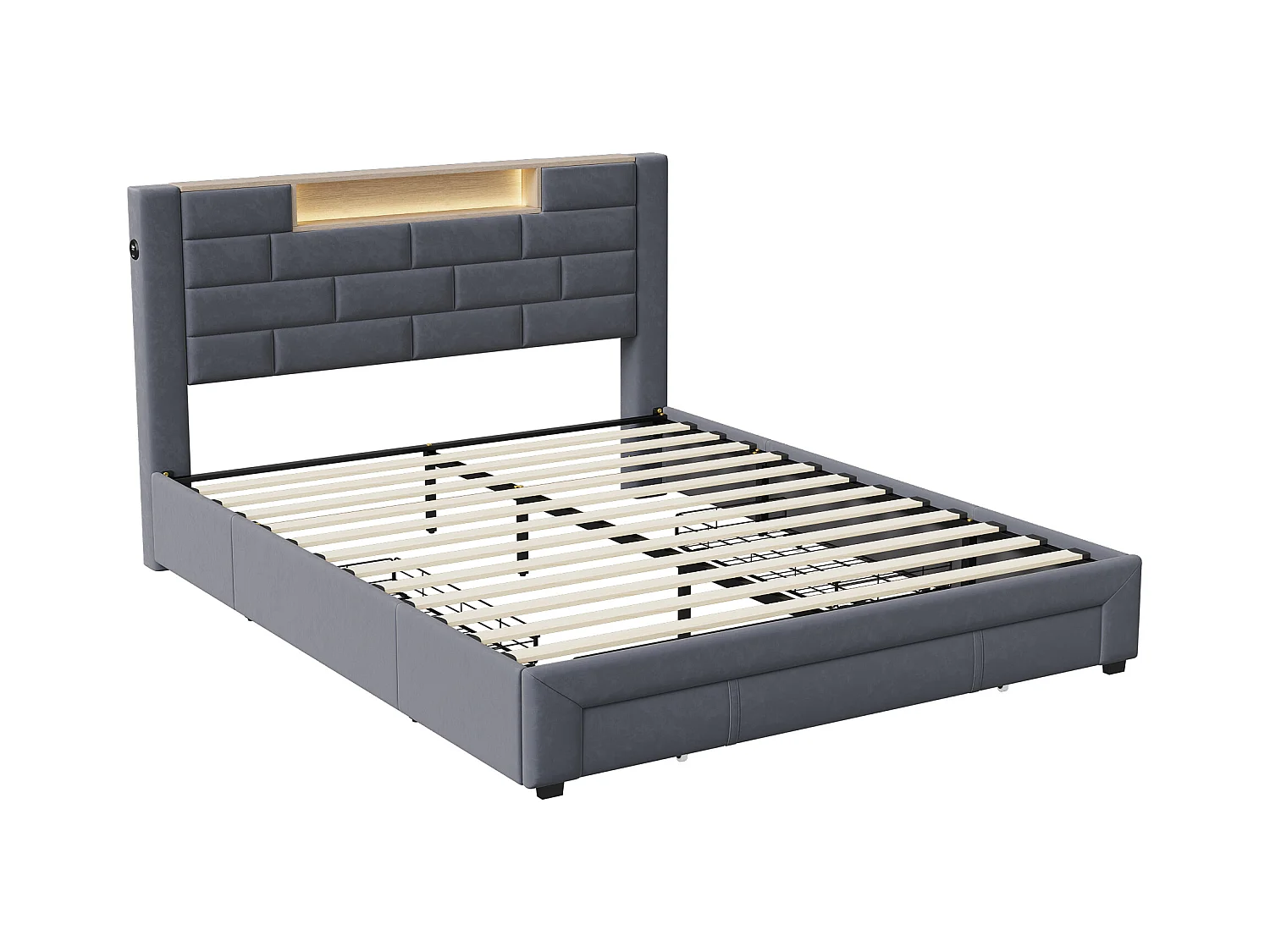 Lit Double 160x200 Cm En Velours Gris, 3 Tiroirs, Tête De Lit LED Avec USB-c,sommier à Lattes Inclus