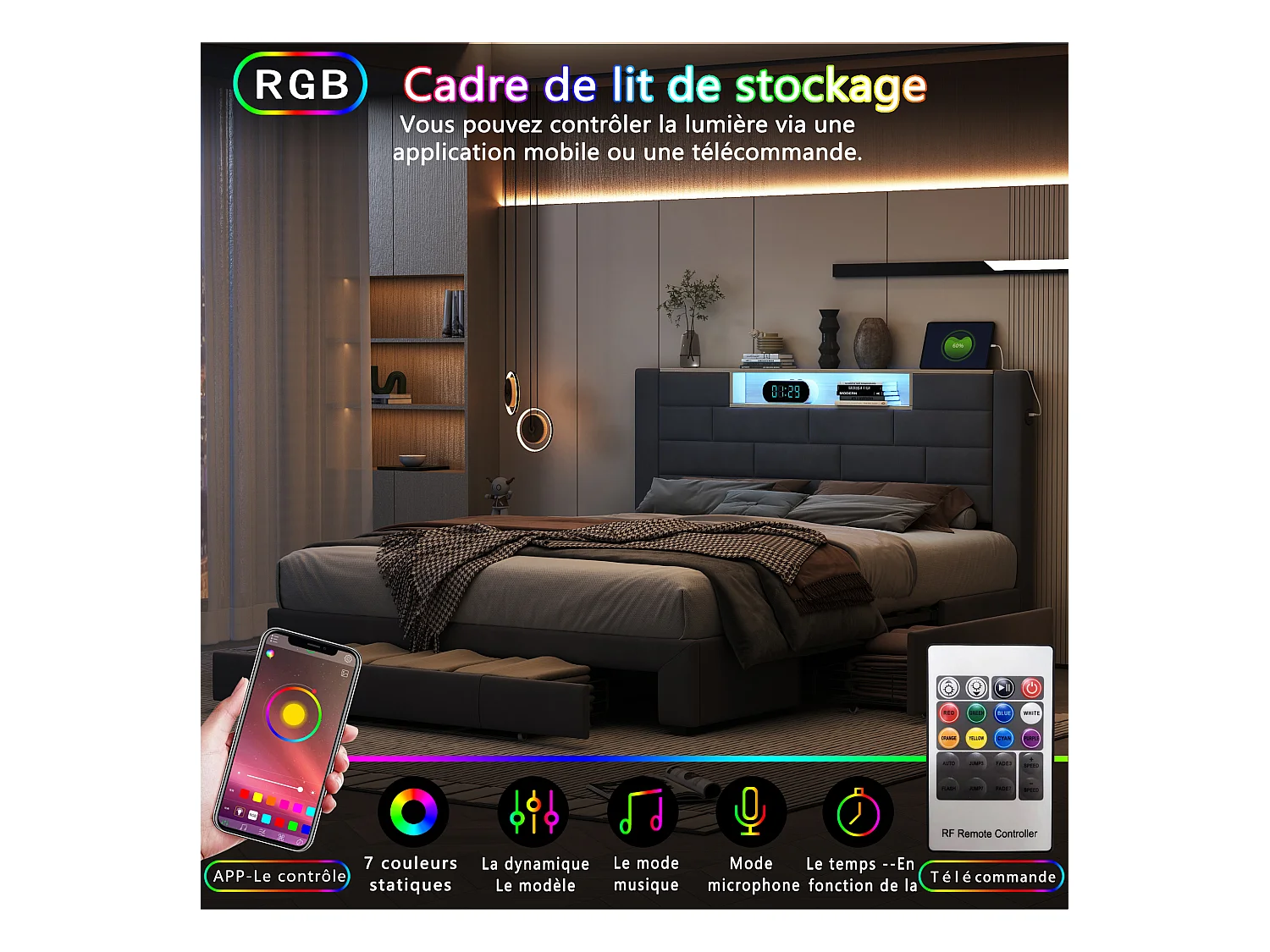Lit Double 160x200 Cm En Velours Gris, 3 Tiroirs, Tête De Lit LED Avec USB-c,sommier à Lattes Inclus