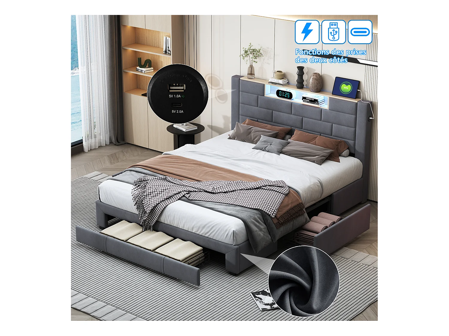 Lit Double 160x200 Cm En Velours Gris, 3 Tiroirs, Tête De Lit LED Avec USB-c,sommier à Lattes Inclus