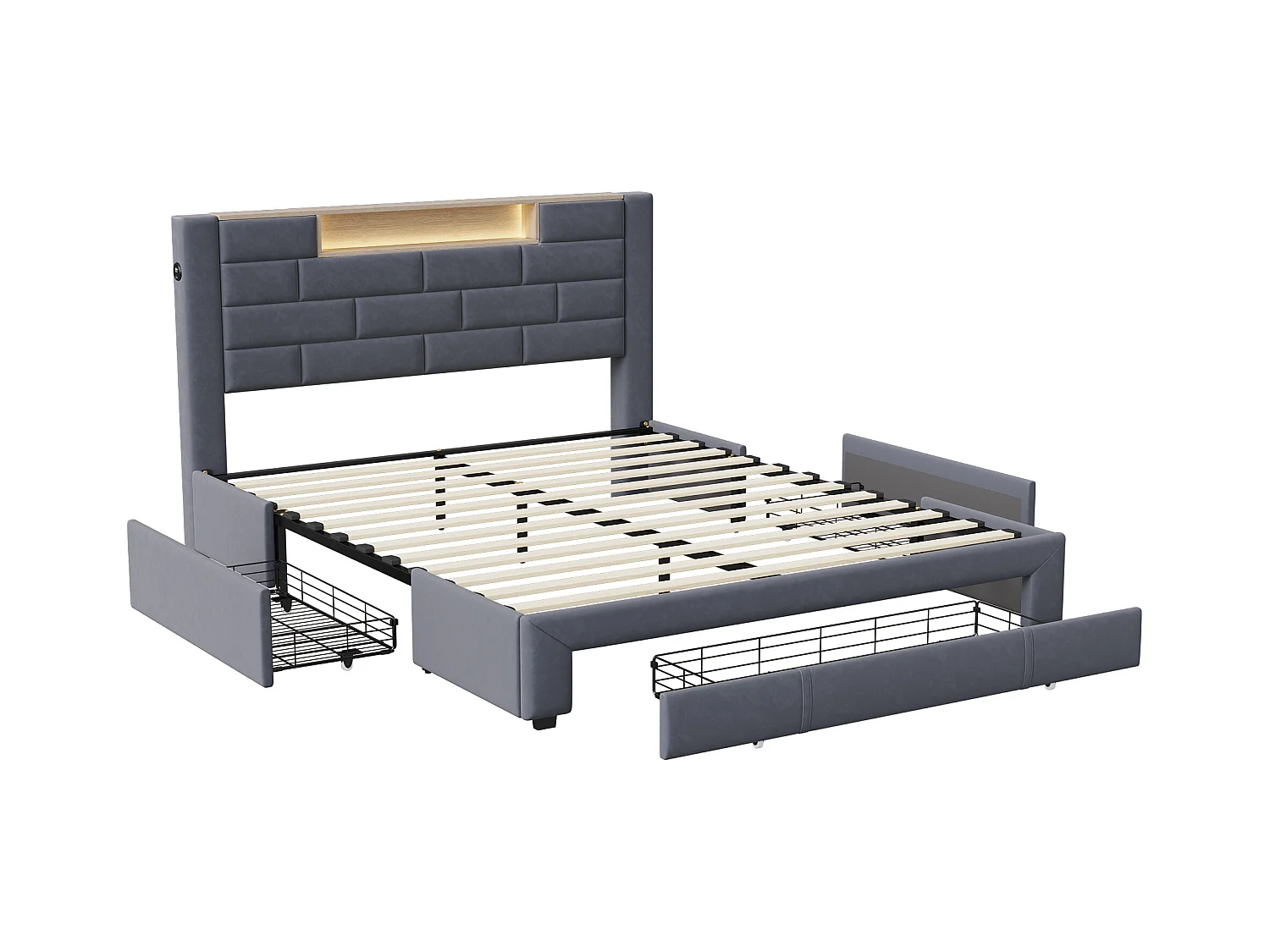 Lit Double 160x200 Cm En Velours Gris, 3 Tiroirs, Tête De Lit LED Avec USB-c,sommier à Lattes Inclus