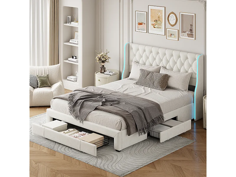 Gestoffeerd bed 160x200cm, tweepersoonsbed met 3 lades, led-verlichting, bedframe, fluweel, beige