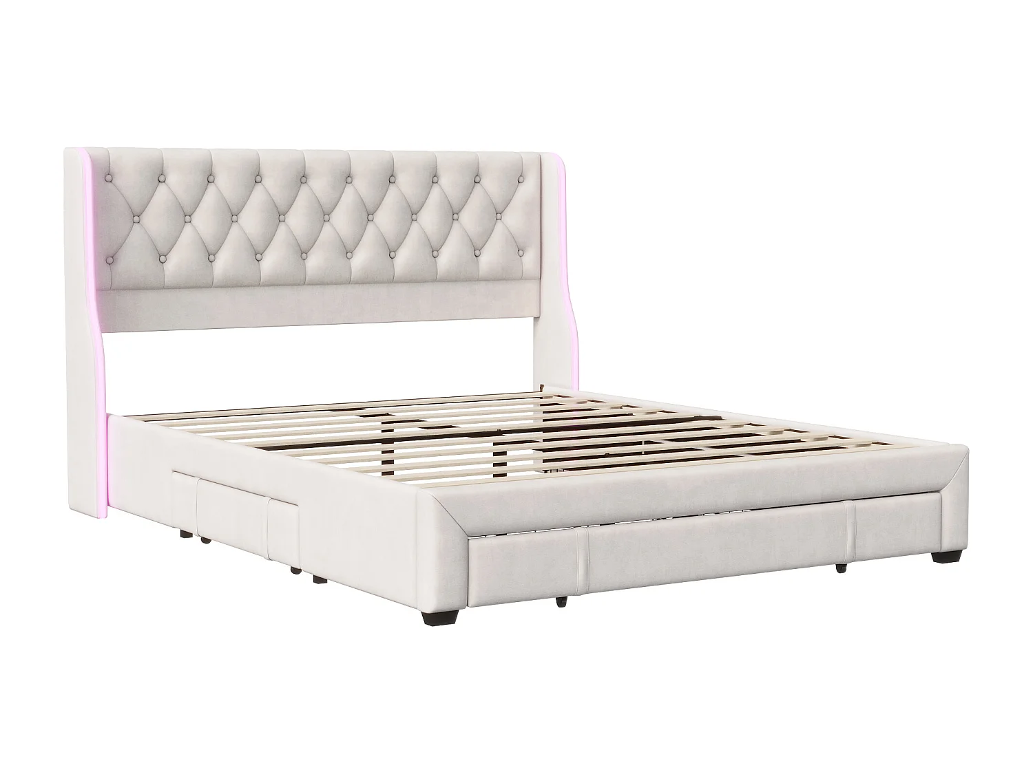 Polsterbett 160x200cm, Doppelbett mit 3 Schubladen, LED, Bettgestell, Samt, Beige