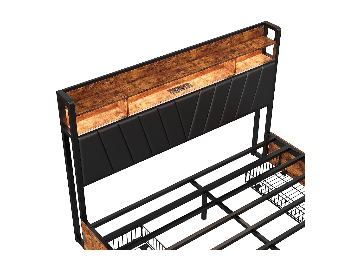 Gepolstertes Metallbett 180 x 200 cm mit Kopfteil, 4 Schubladen, LED-Leuchten und Ladestation