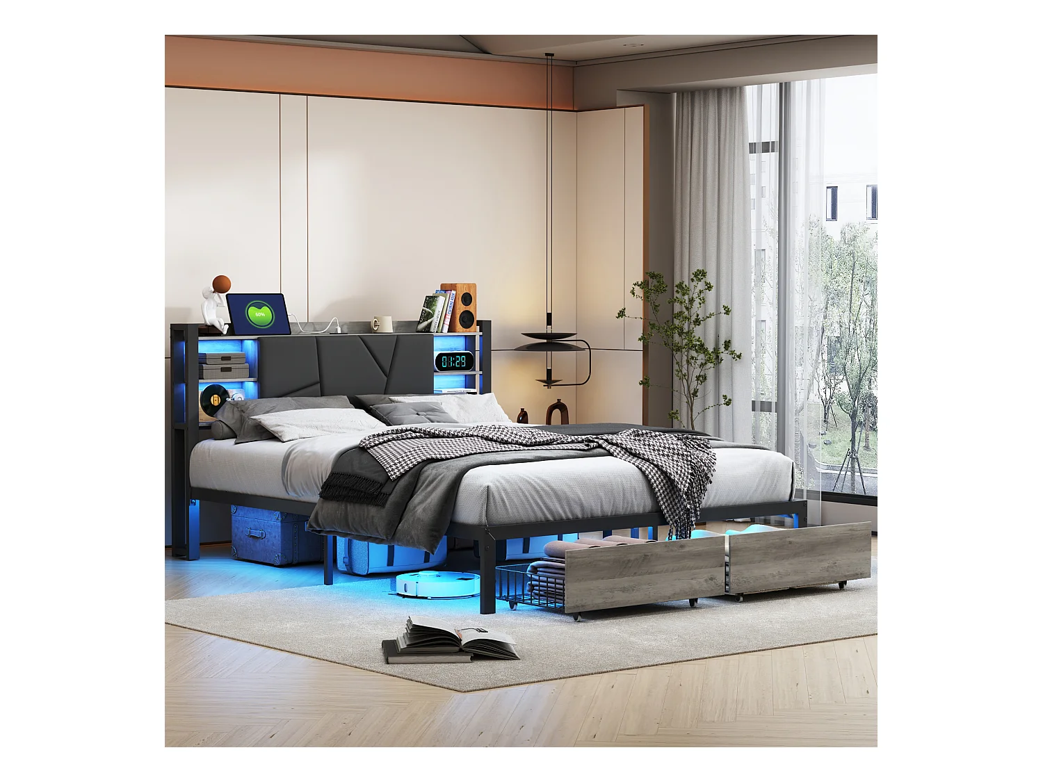 Tweepersoonsbed 140x200 cm, metaal, met ledverlichting en USB-oplader, gestoffeerd bed met 2 lades, zwart