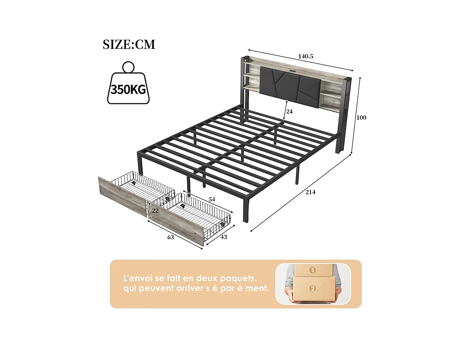 Tweepersoonsbed 140x200 cm, metaal, met ledverlichting en USB-oplader, gestoffeerd bed met 2 lades, zwart