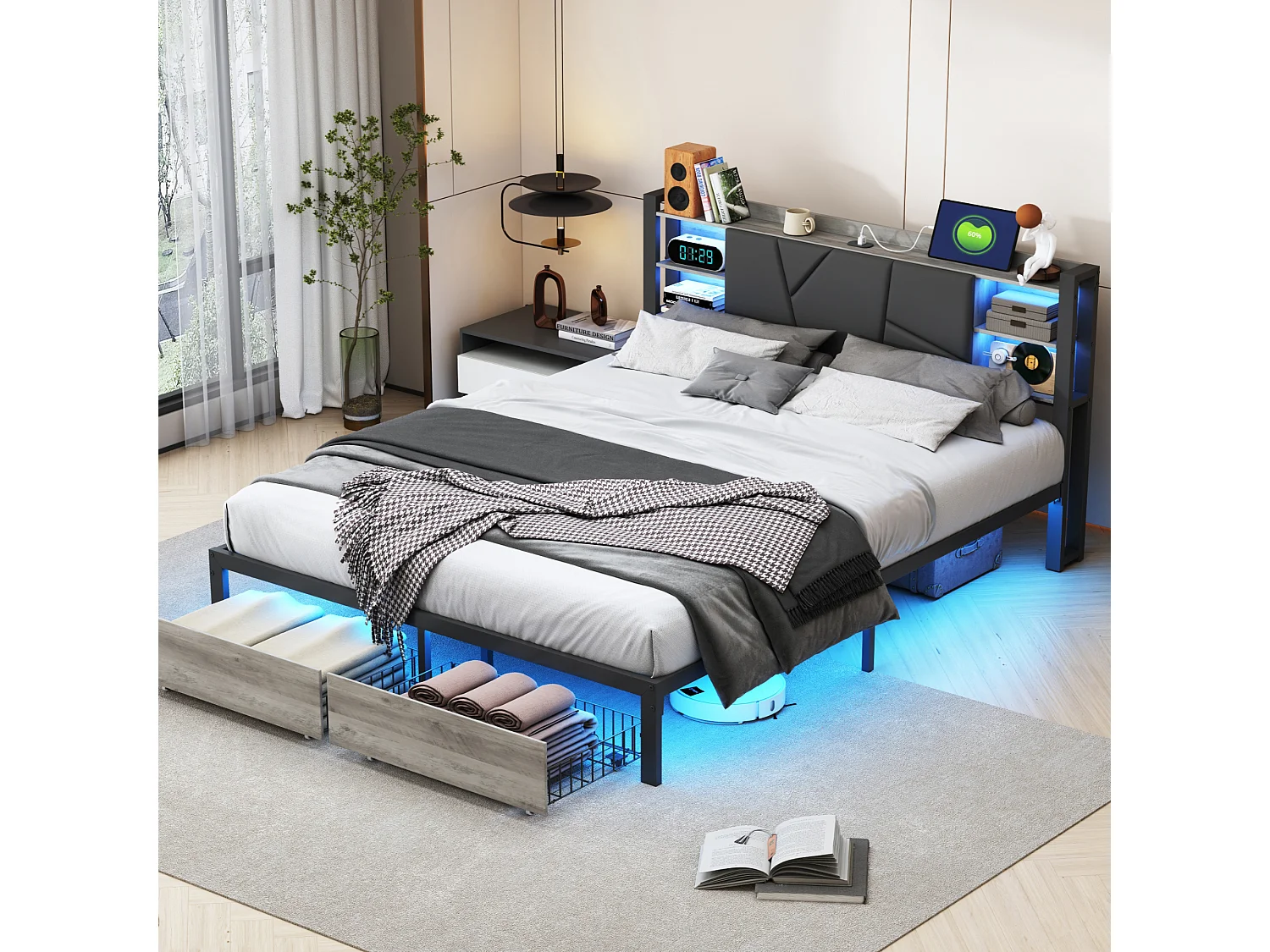 Lit Double 140x200 Cm, Métal, Avec Éclairage LED Et Charge USB, Lit Rembourré Avec 2 Tiroirs, Noir