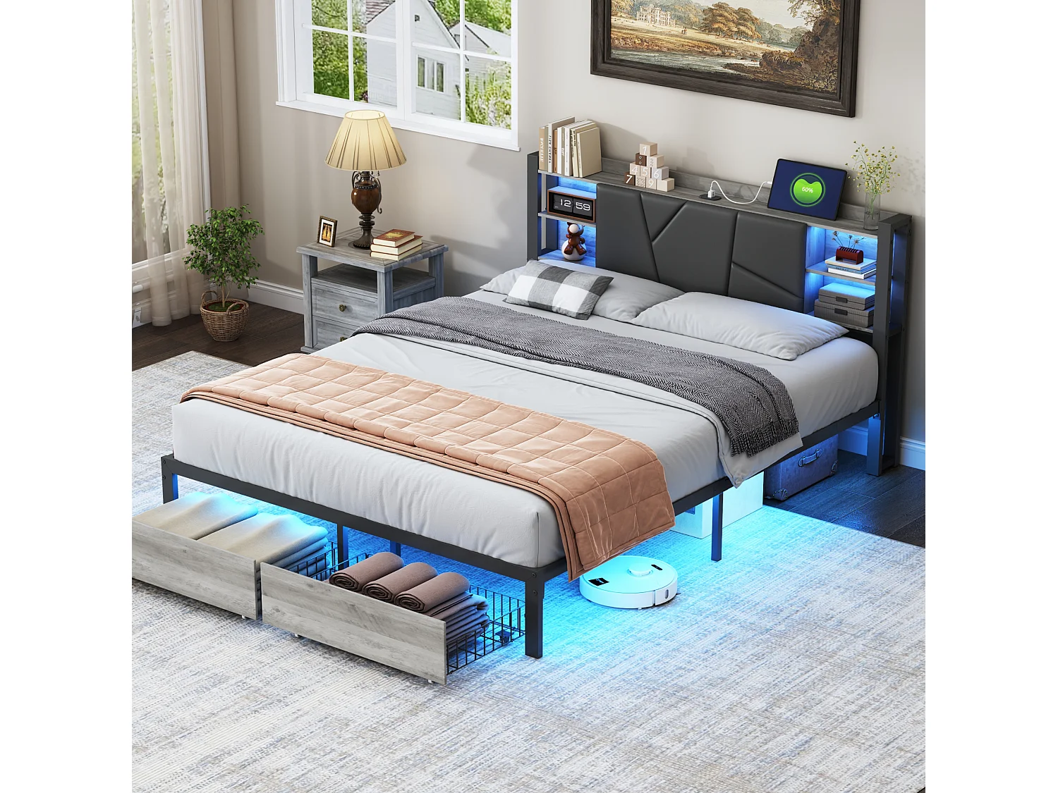 Doppelbett 180x200cm - LED-Metallbett für Erwachsene mit 2 Schubladen, Kopfteil mit Ladeanschluss - Grau