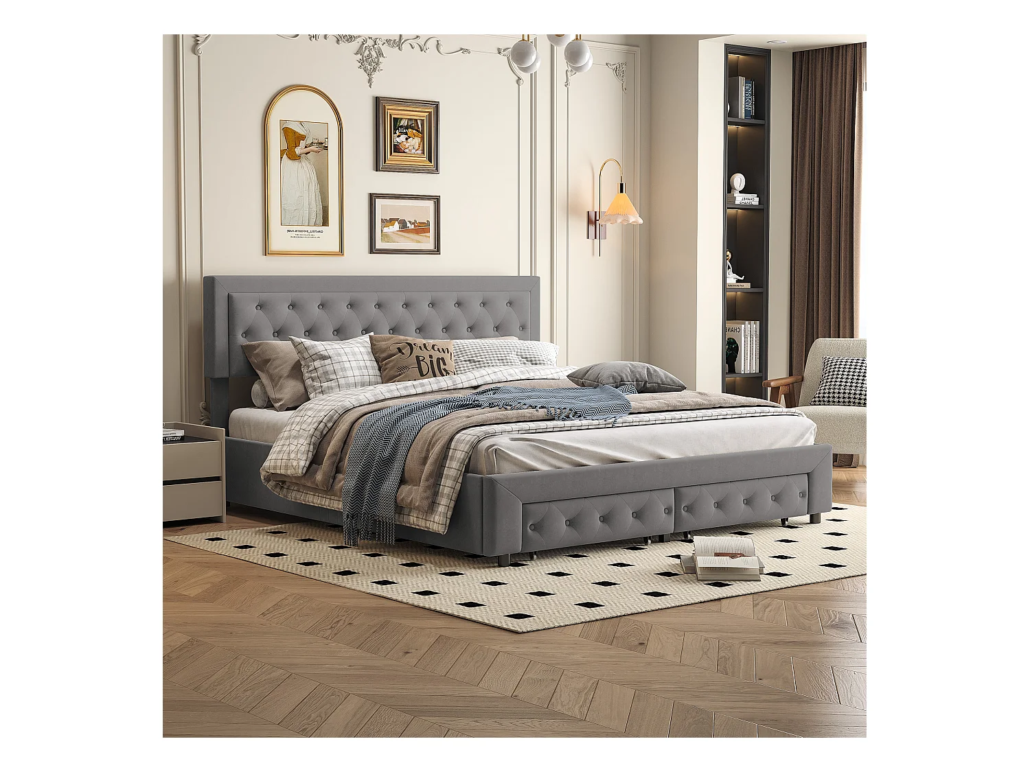 Tweepersoonsbed 160 x 200 cm met opbergruimte en lades, fluweel, lattenbodem, hydraulisch bed, grijs